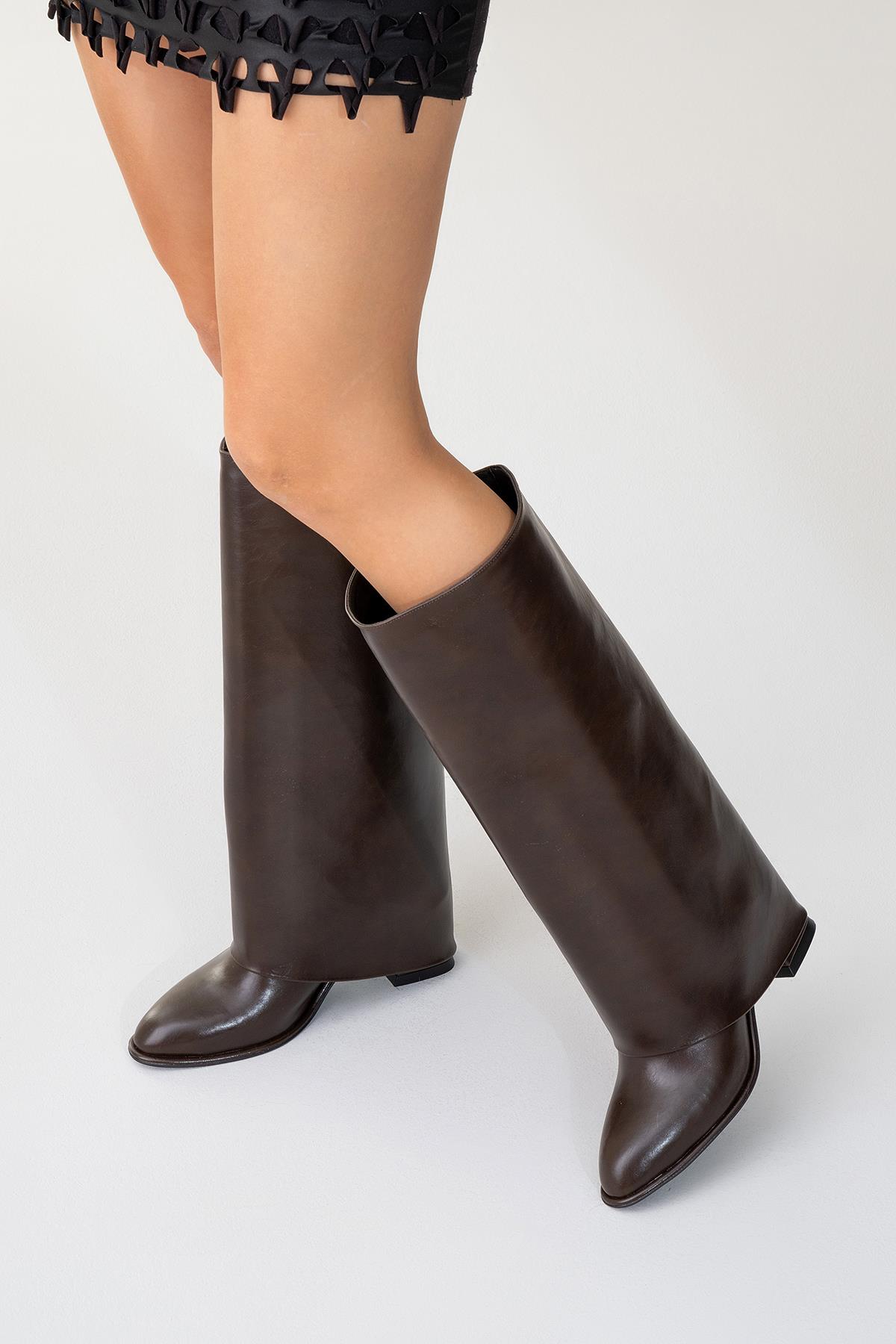 Maybe Brown Chunky Heel Boot – pair view showing leather, red, Vowalisse