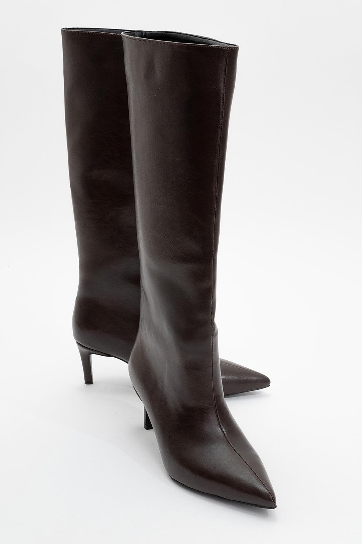 Cassandra Brown Cilt High‑Heel Boot – front three-quarter view showing leather, red, Vowalisse