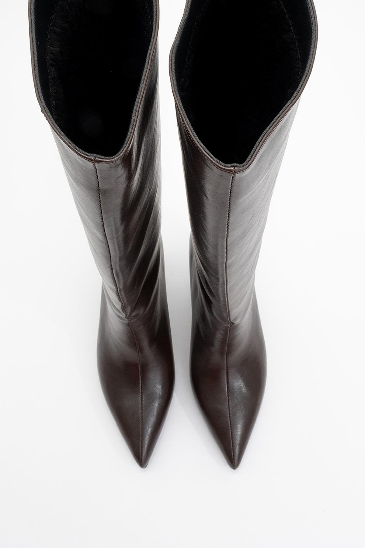 Cassandra Brown Cilt High‑Heel Boot – side view showing leather, red, Vowalisse
