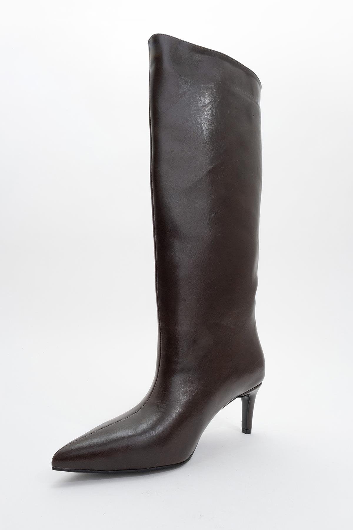 Cassandra Brown Cilt High‑Heel Boot – detail view showing leather, red, Vowalisse