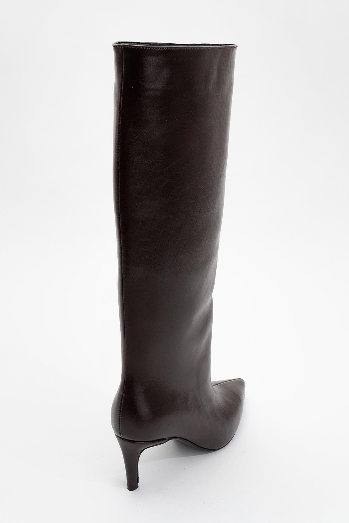 Cassandra Brown Cilt High‑Heel Boot – heel view showing leather, red, Vowalisse