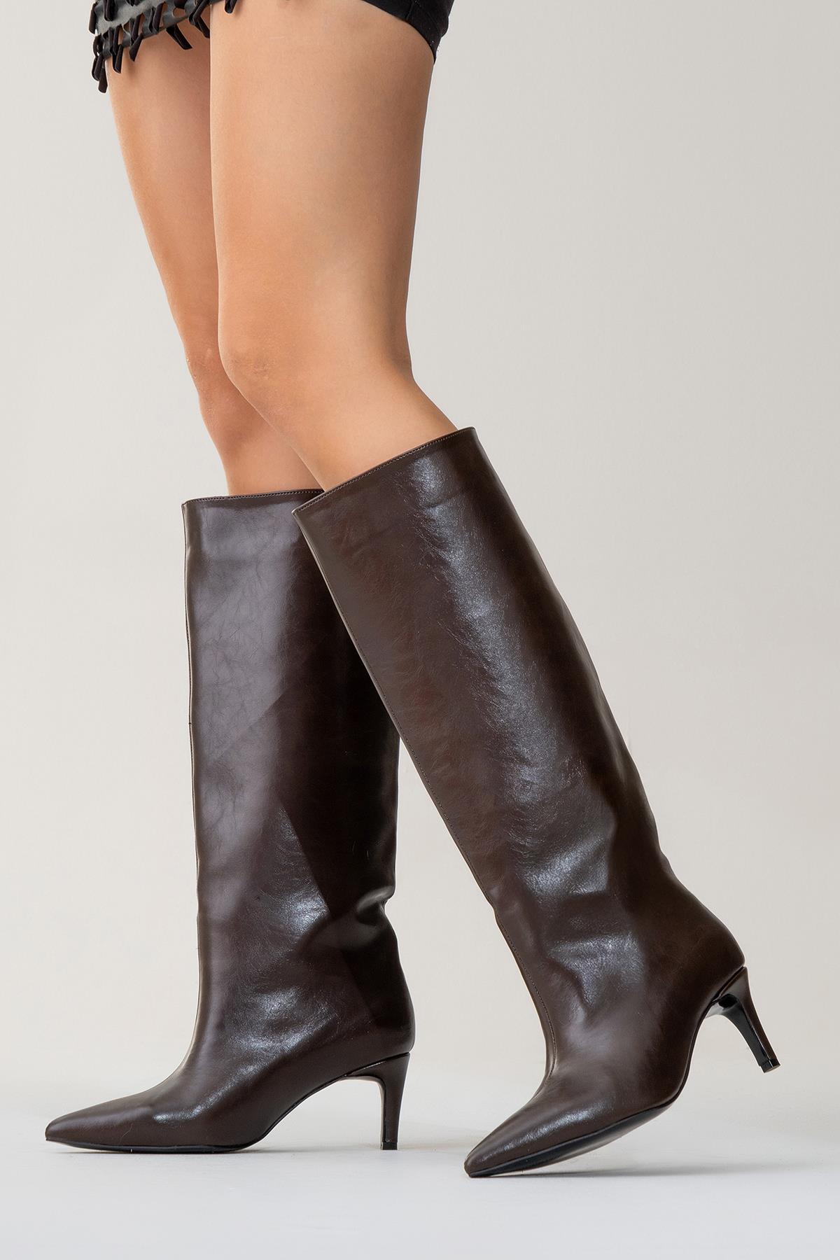 Cassandra Brown Cilt High‑Heel Boot – top view showing leather, red, Vowalisse