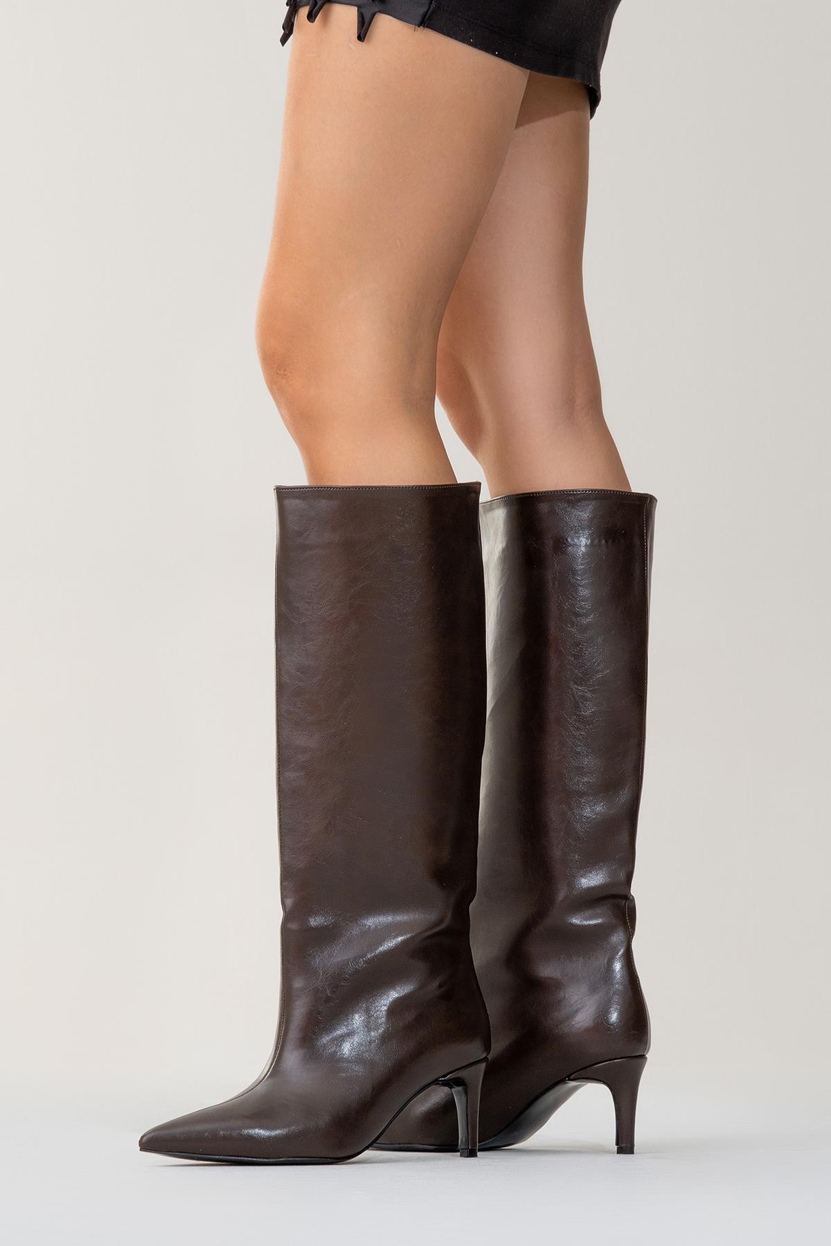 Cassandra Brown Cilt High‑Heel Boot – sole view showing leather, red, Vowalisse