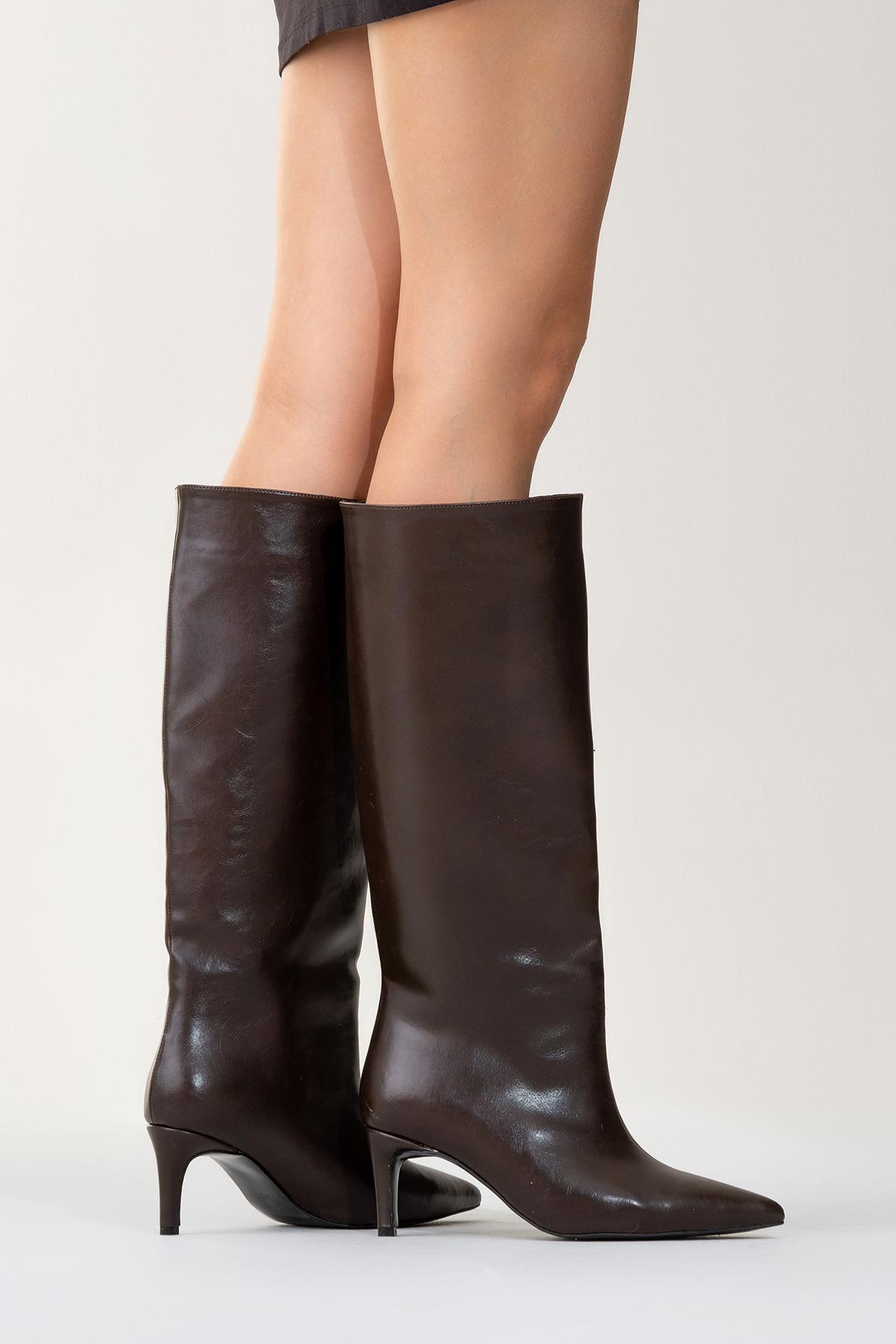 Cassandra Brown Cilt High‑Heel Boot – pair view showing leather, red, Vowalisse