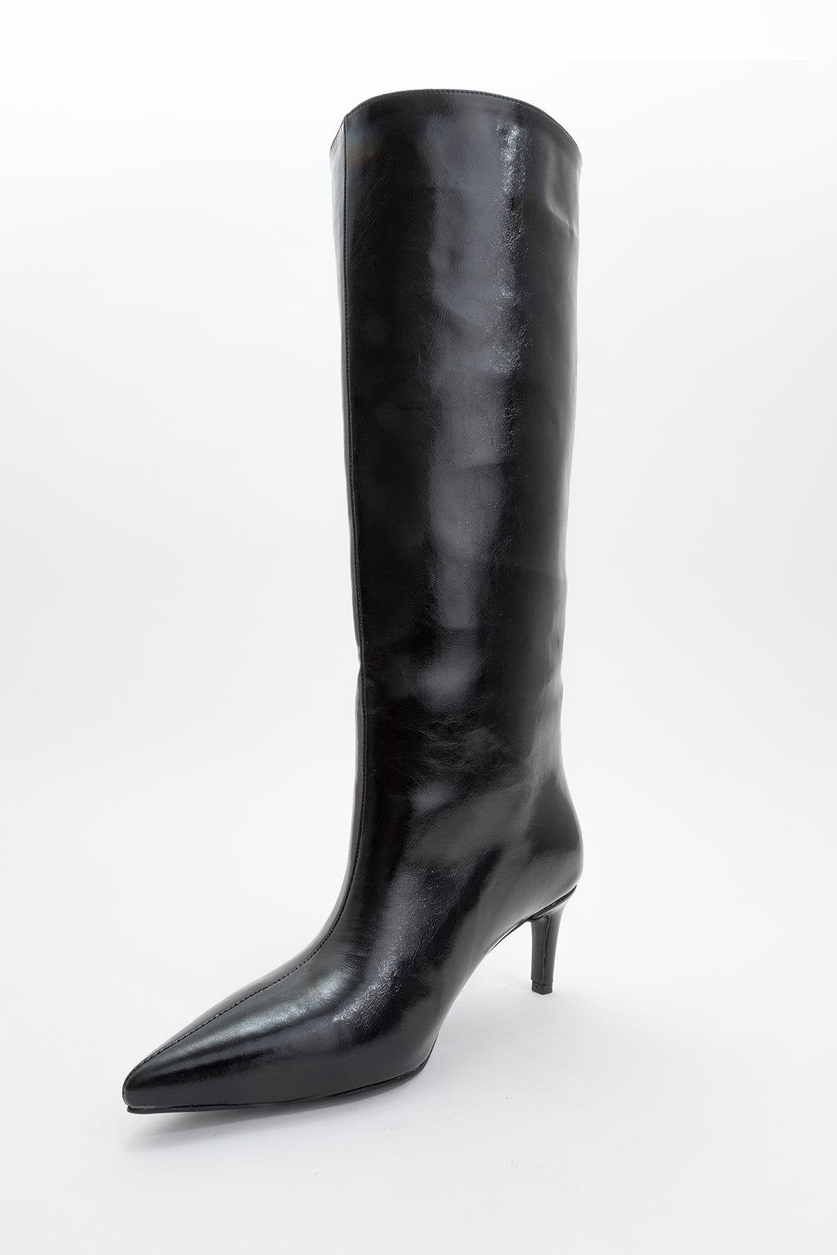 Camila - Black Heeled Boot – detail view showing leather, black, Vowalisse