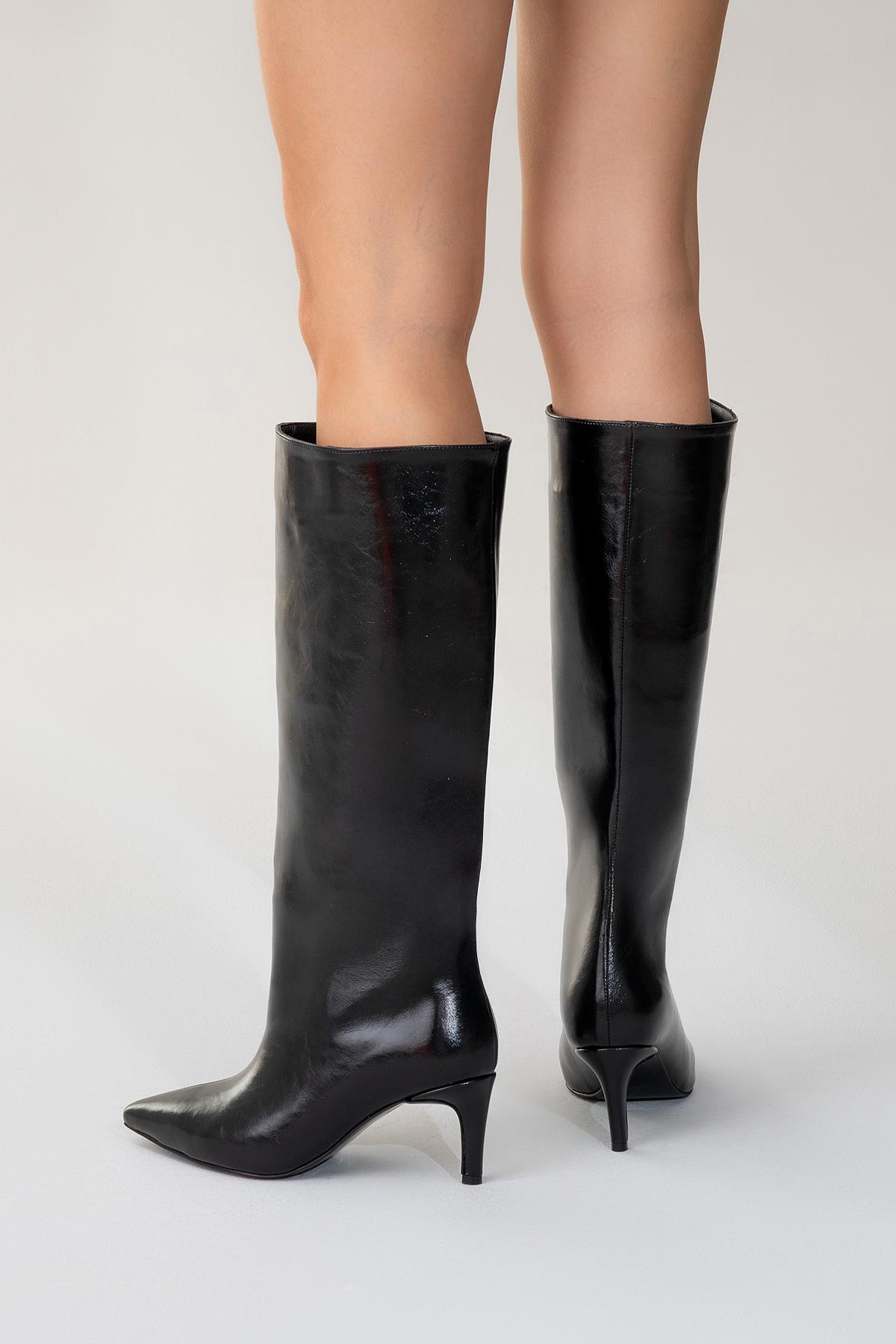 Camila - Black Heeled Boot – pair view showing leather, black, Vowalisse