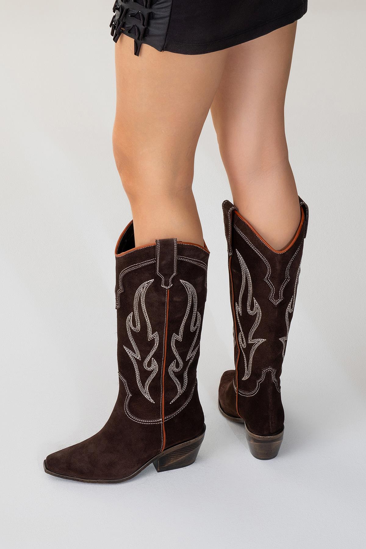 Pietro - Brown Genuine Suede Western Boot – sole view showing leather, suede, Vowalisse