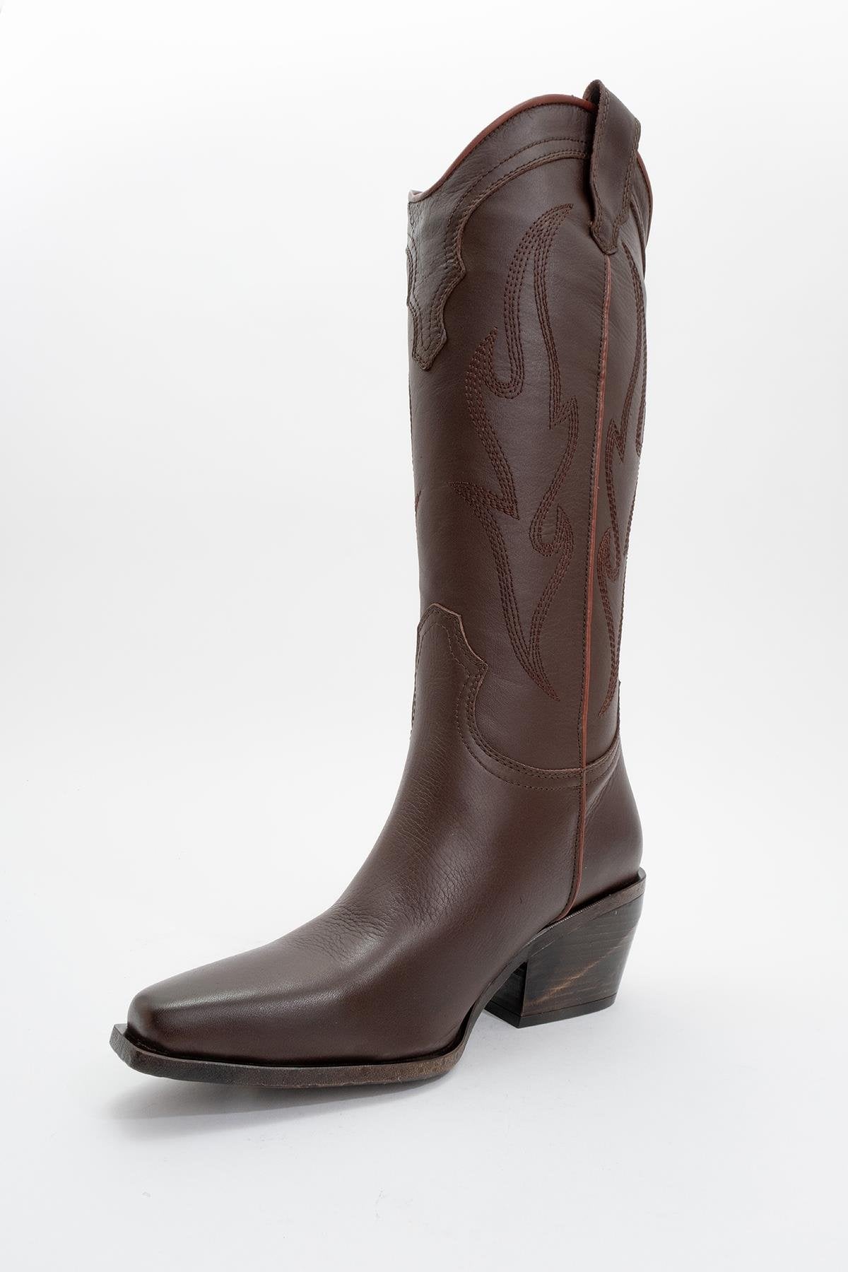 Pietro - Brown Genuine Leather Western Boot – detail view showing leather, Vowalisse