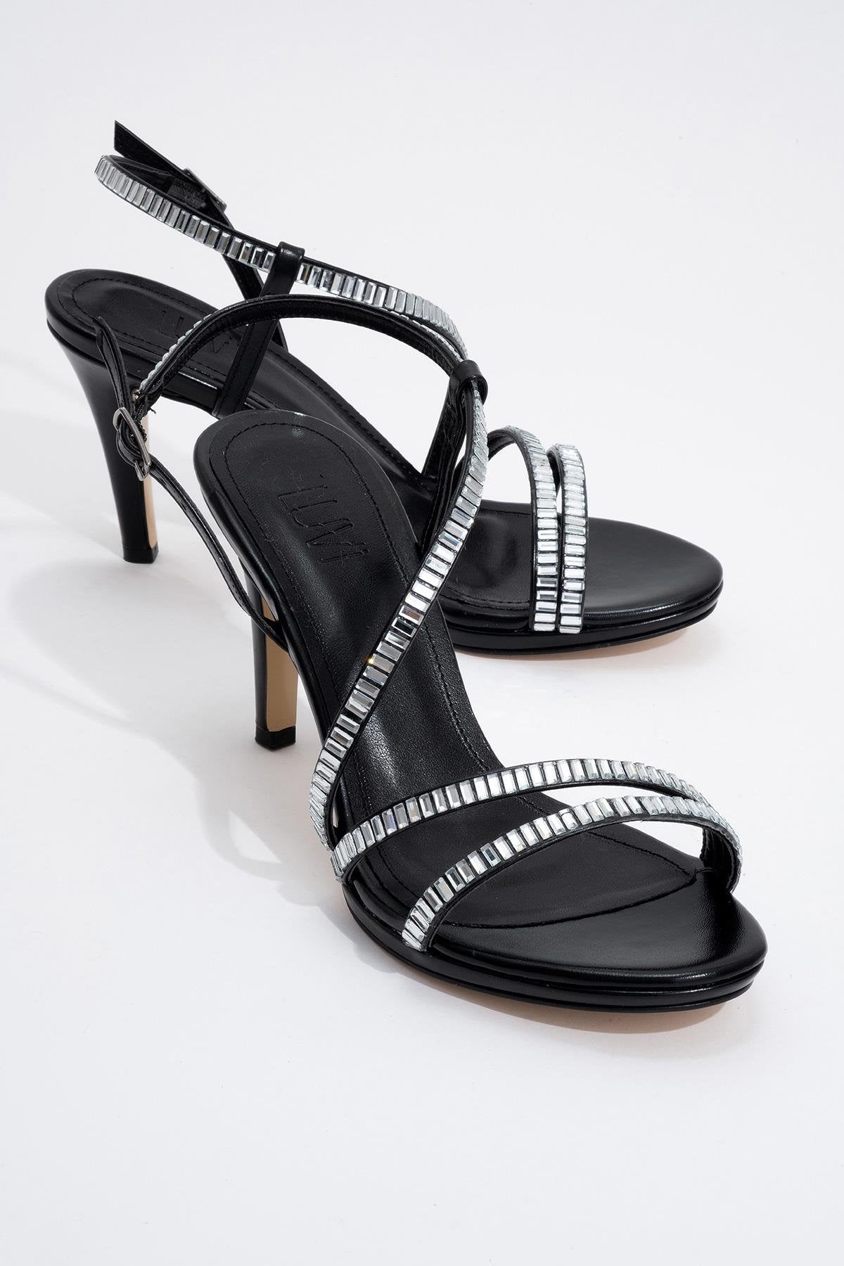 Nuevo - Black Jeweled High-Heel Dress Shoe – front three-quarter view showing leather, black, Vowalisse