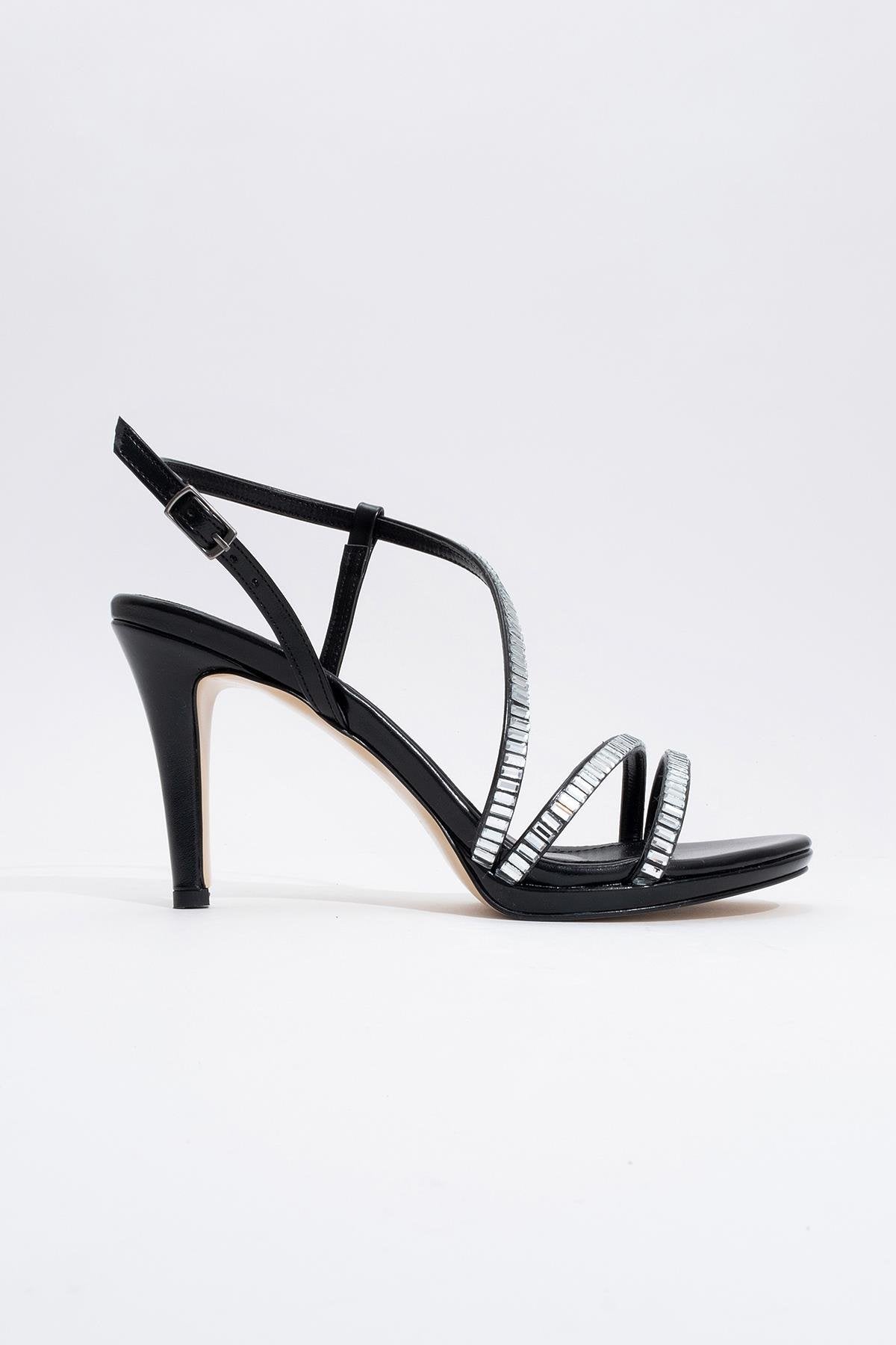 Nuevo - Black Jeweled High-Heel Dress Shoe – detail view showing leather, black, Vowalisse