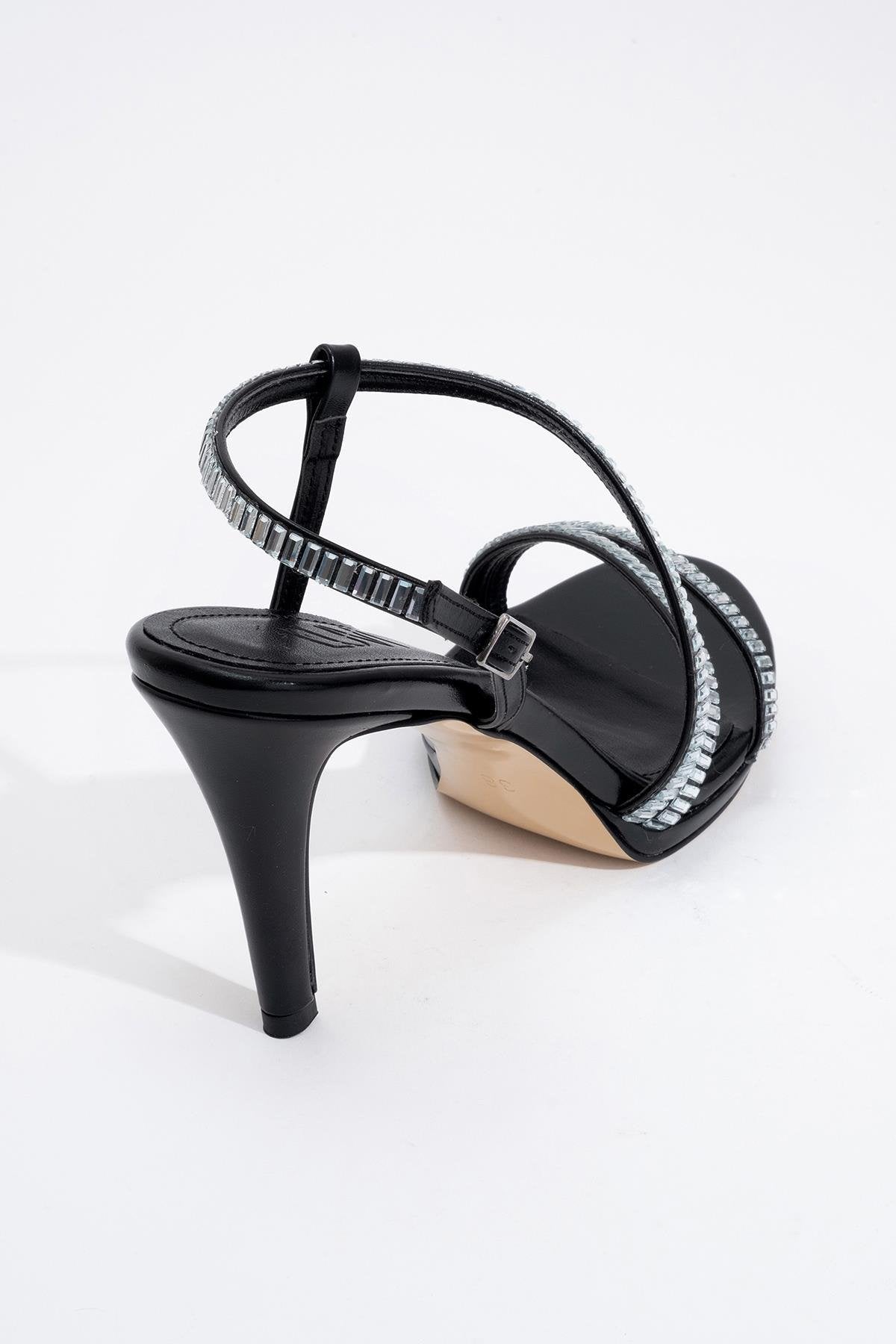 Nuevo - Black Jeweled High-Heel Dress Shoe – heel view showing leather, black, Vowalisse