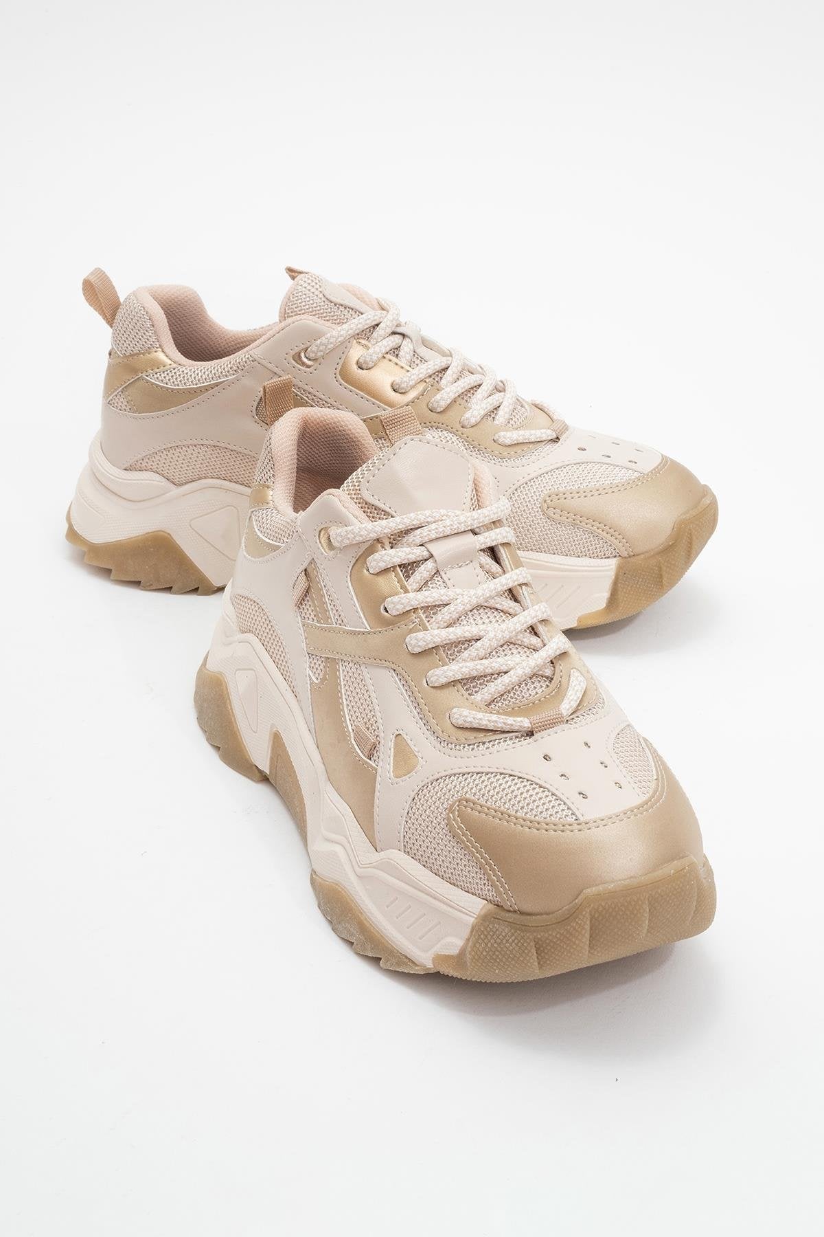 Loretta - Beige Gold Thick-Soled Sneaker – front three-quarter view showing leather, gold, Vowalisse