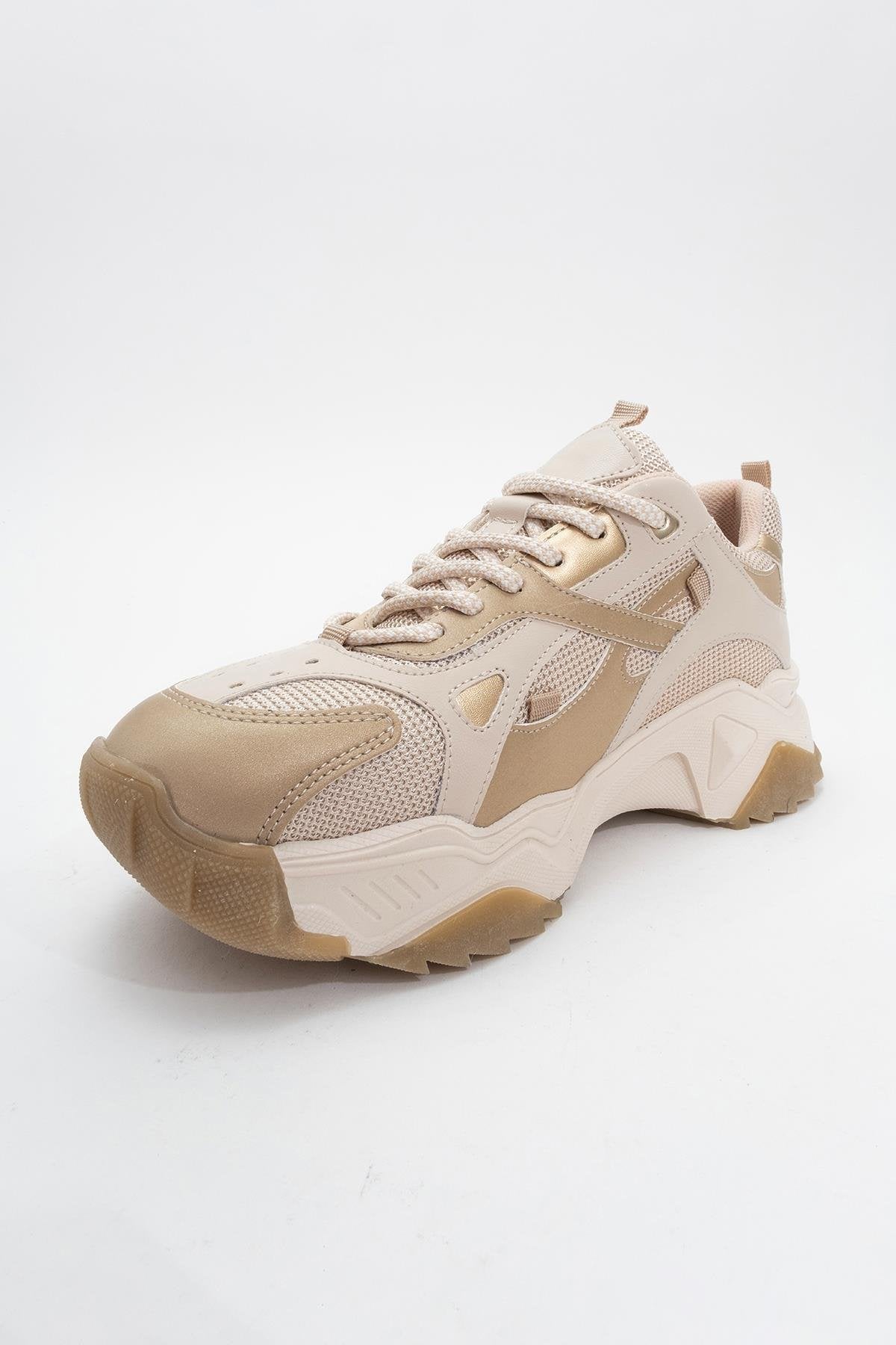 Loretta - Beige Gold Thick-Soled Sneaker – detail view showing leather, gold, Vowalisse