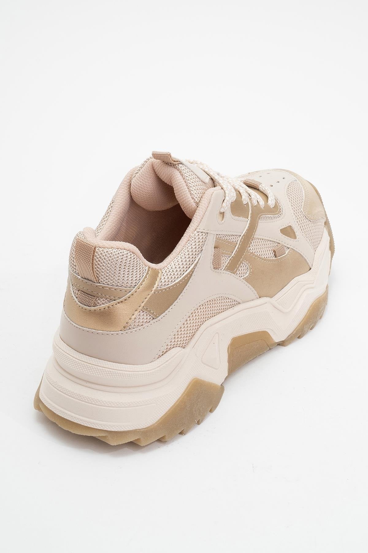 Loretta - Beige Gold Thick-Soled Sneaker – heel view showing leather, gold, Vowalisse