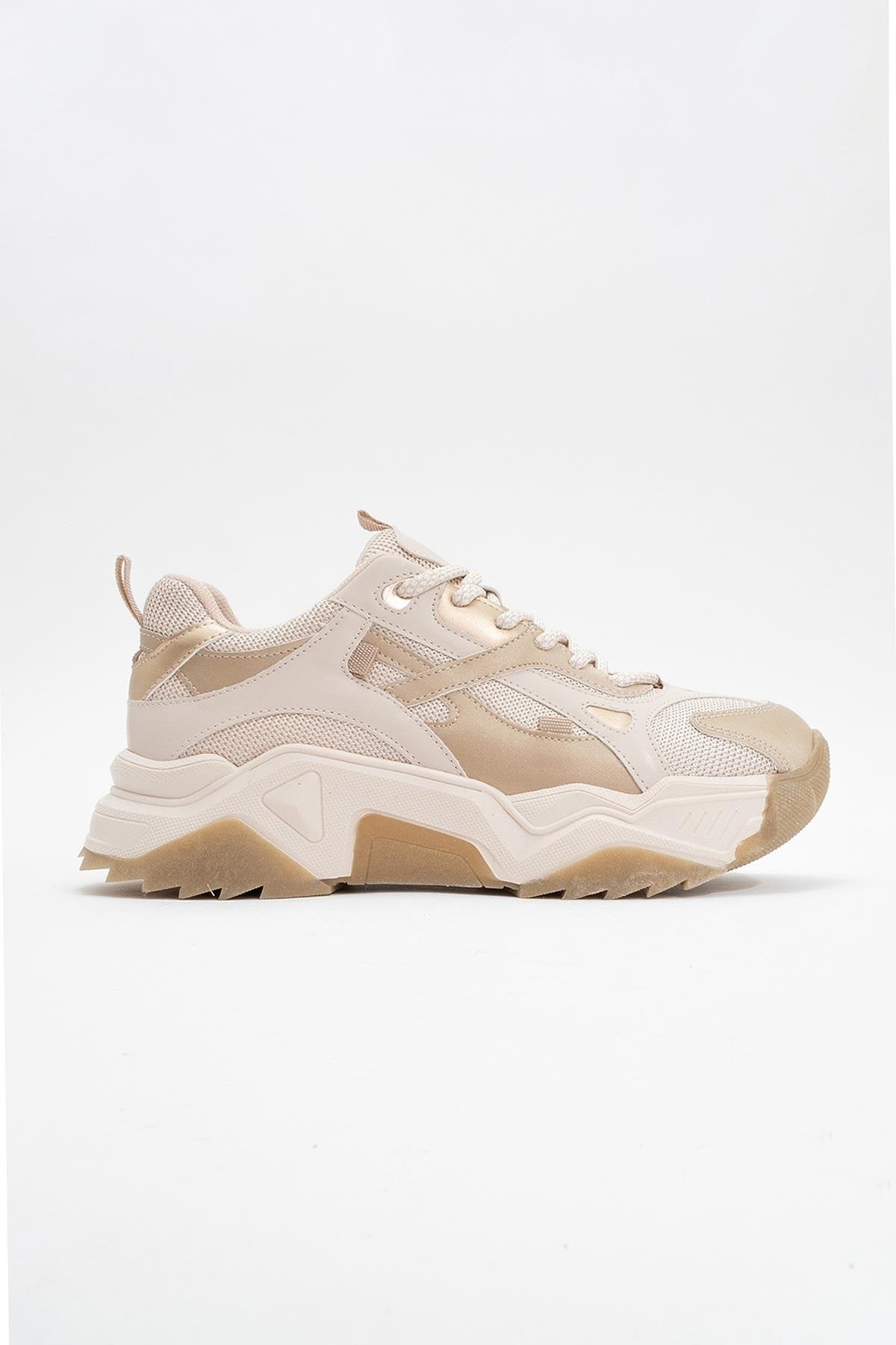 Loretta - Beige Gold Thick-Soled Sneaker – back view showing leather, gold, Vowalisse