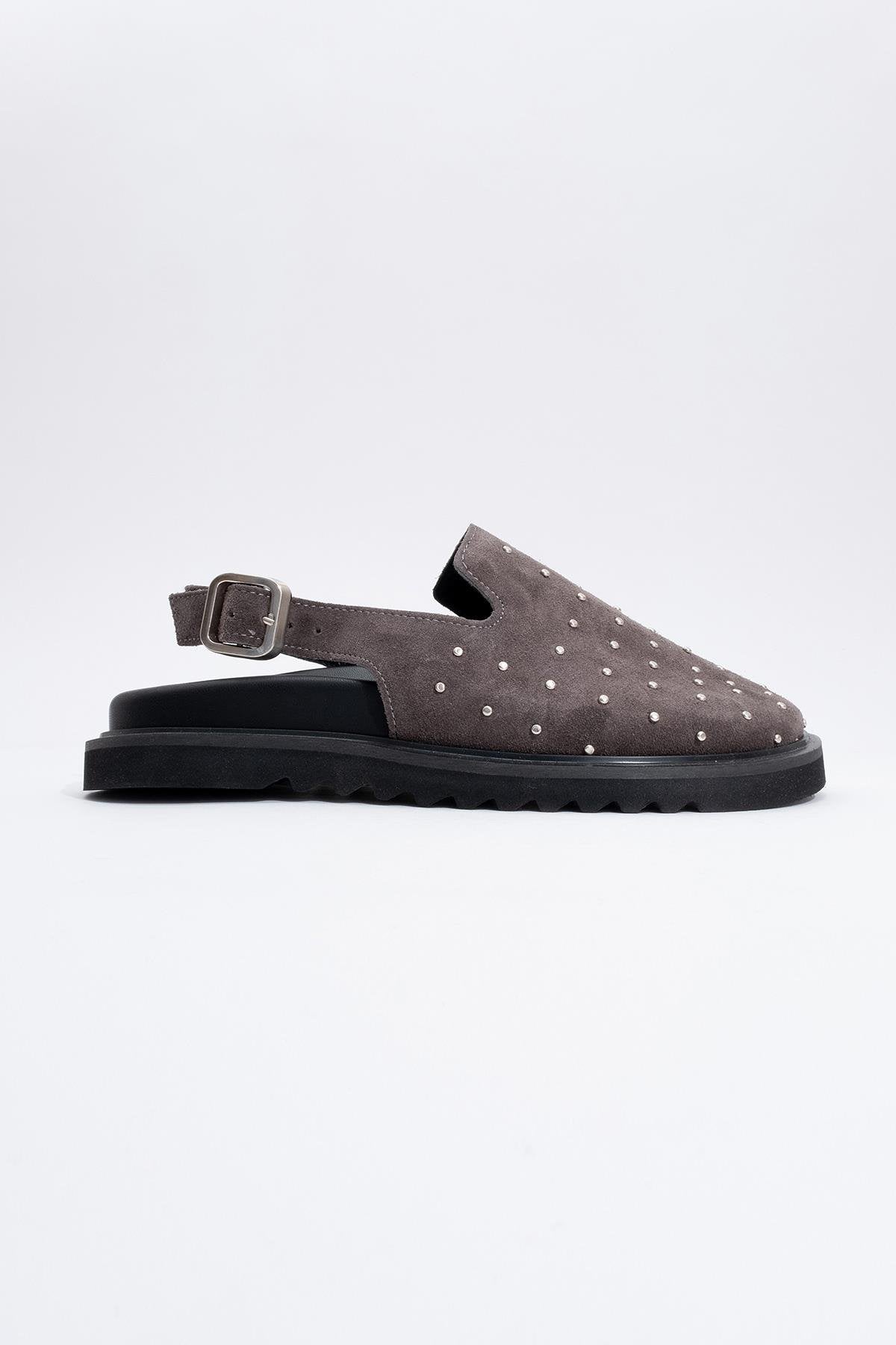 Our - Gray suede Leather Clogs – back view showing leather, suede, red, Vowalisse