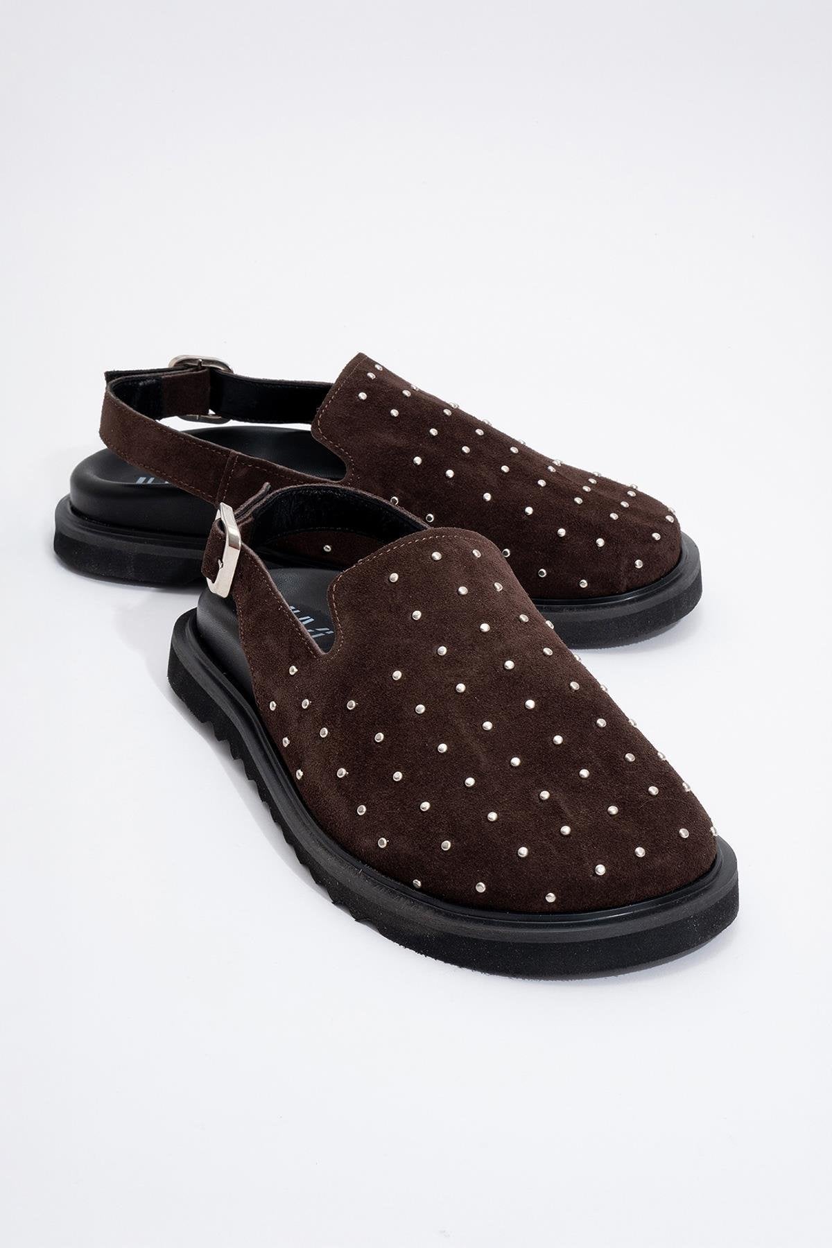 Our - Dark Brown suede Leather Clogs – front three-quarter view showing leather, suede, red, Vowalisse