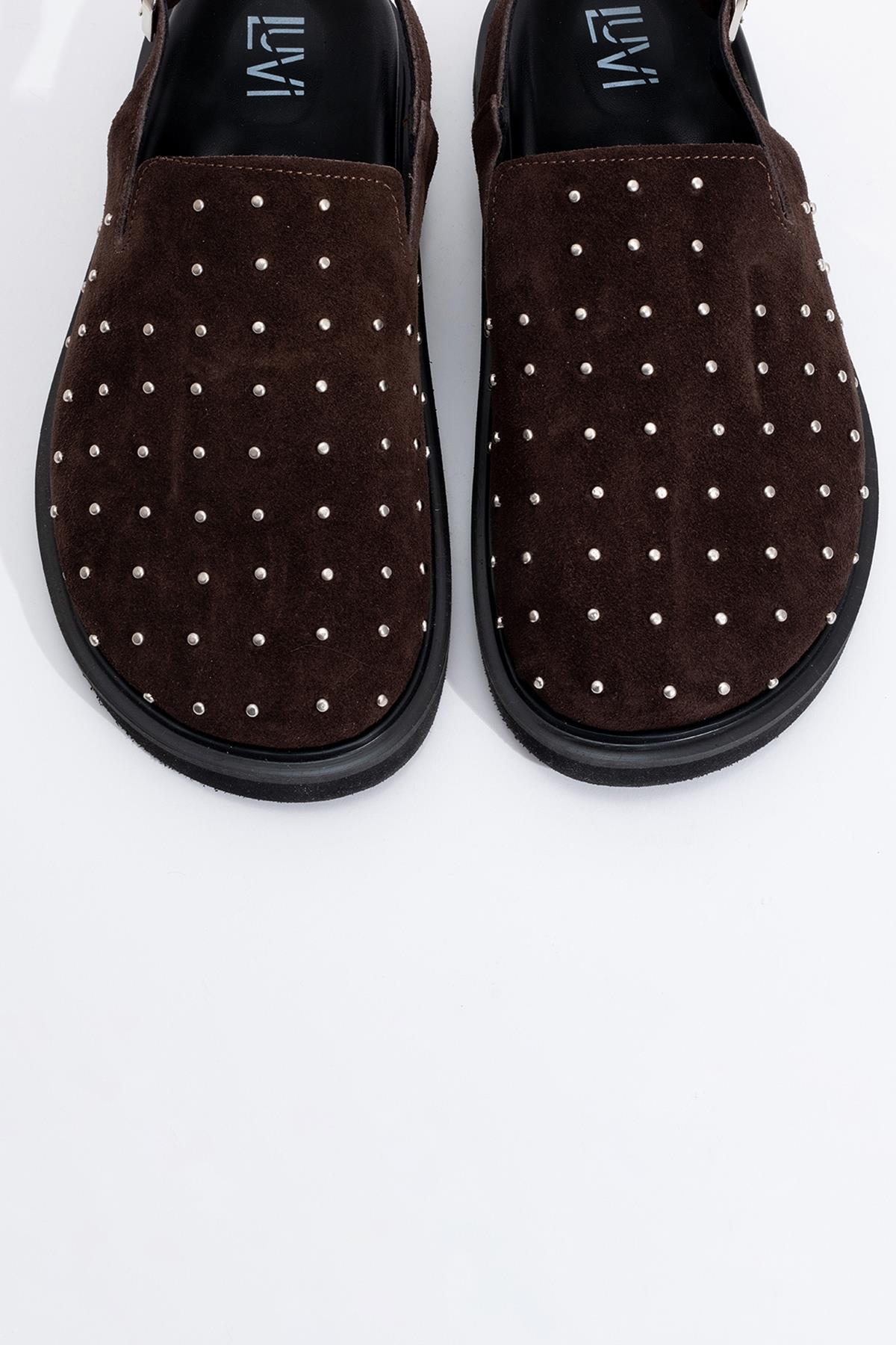 Our - Dark Brown suede Leather Clogs – side view showing leather, suede, red, Vowalisse
