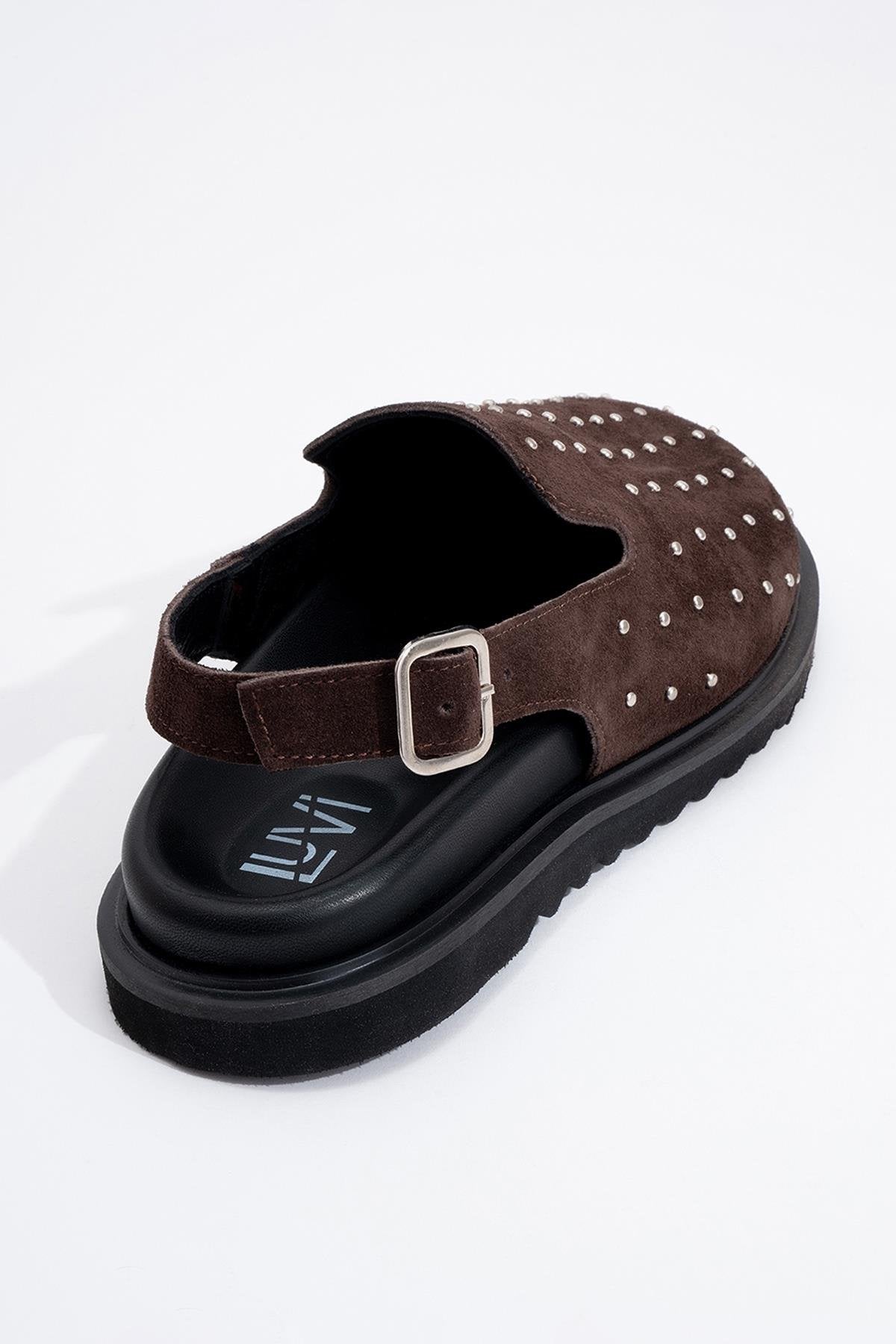 Our - Dark Brown suede Leather Clogs – detail view showing leather, suede, red, Vowalisse