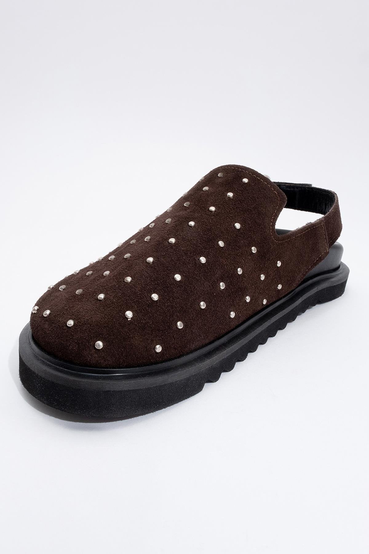 Our - Dark Brown suede Leather Clogs – heel view showing leather, suede, red, Vowalisse