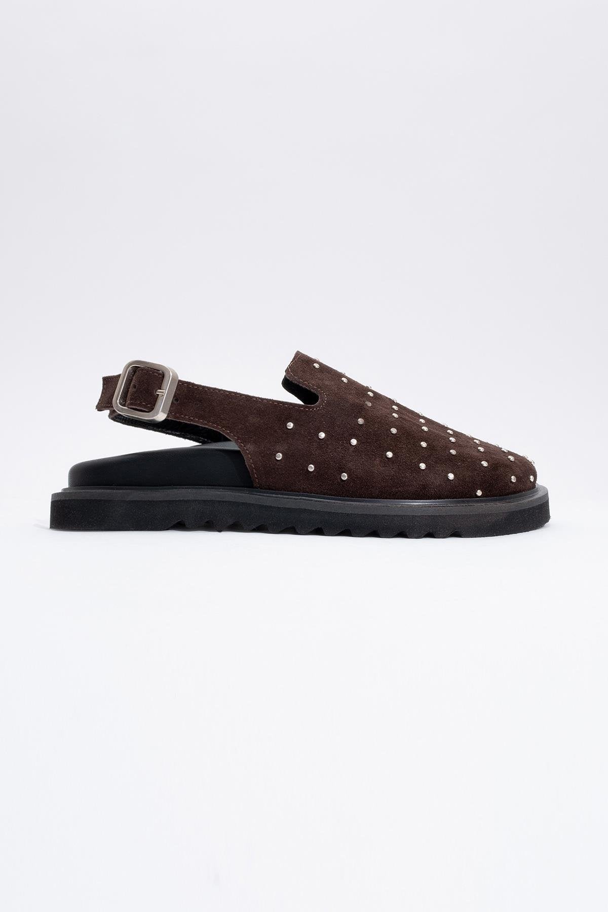 Our - Dark Brown suede Leather Clogs – back view showing leather, suede, red, Vowalisse