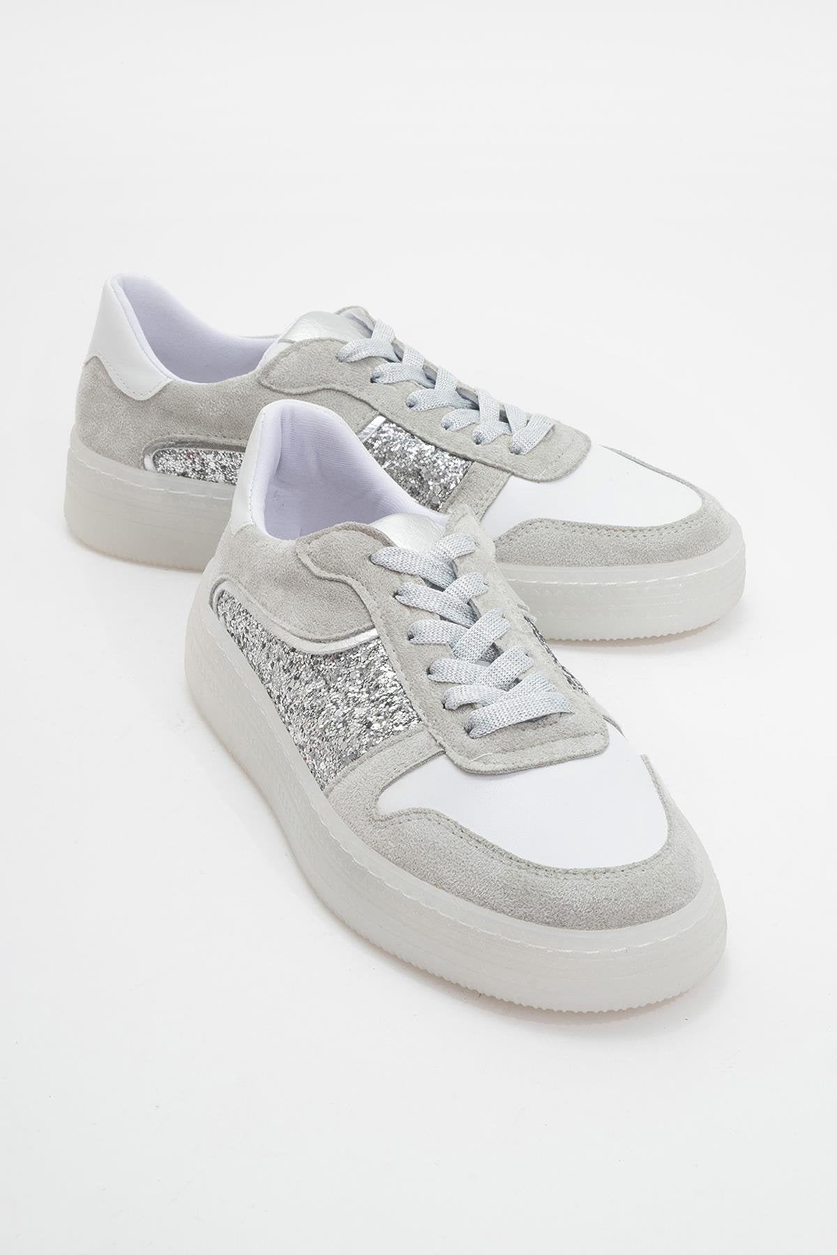 Felipe - Silver Glitter Leather Sneakers – front three-quarter view showing leather, glitter, silver, Vowalisse