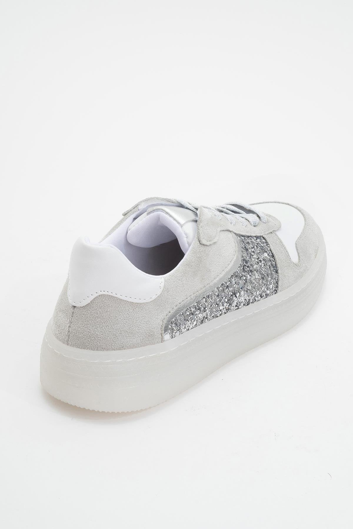Felipe - Silver Glitter Leather Sneakers – detail view showing leather, glitter, silver, Vowalisse