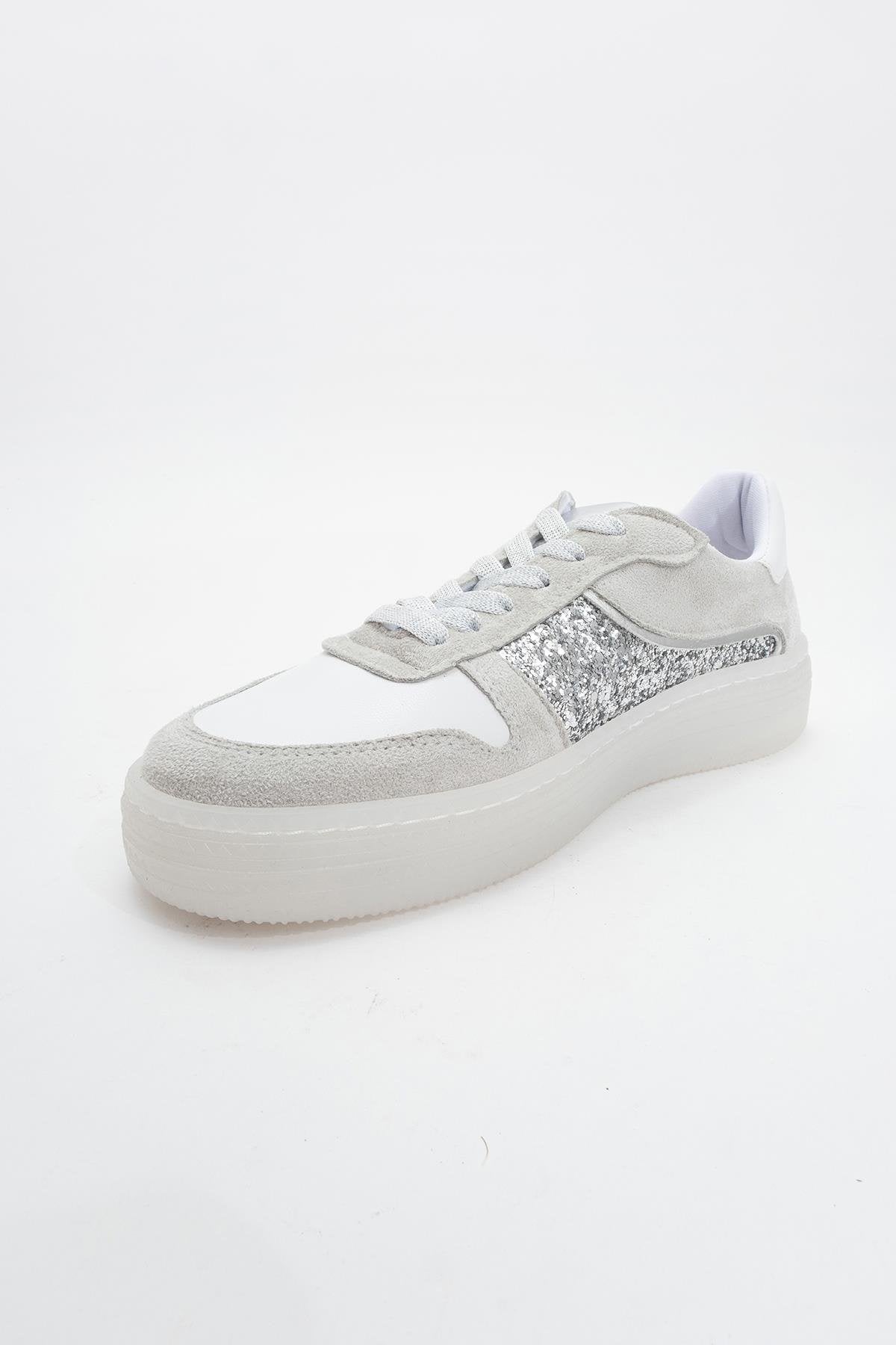 Felipe - Silver Glitter Leather Sneakers – heel view showing leather, glitter, silver, Vowalisse