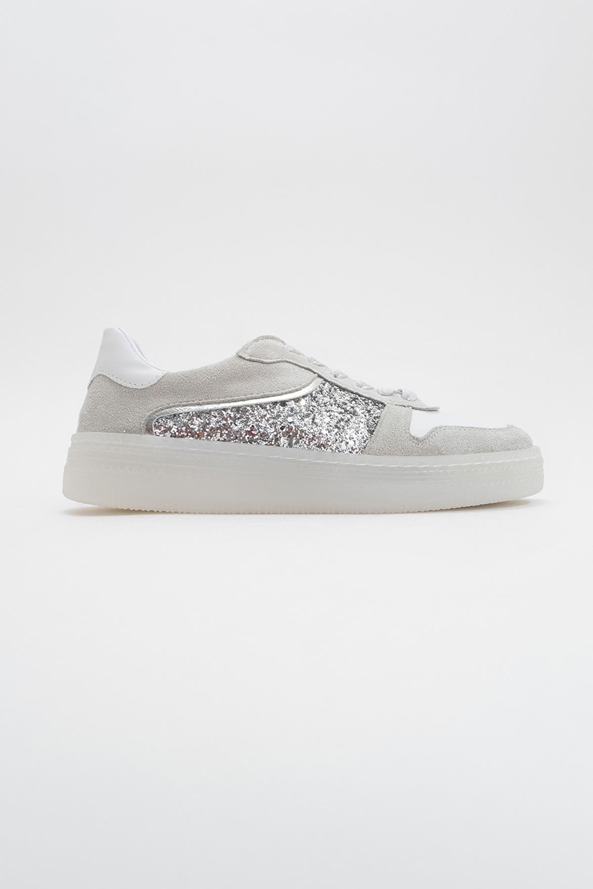 Felipe - Silver Glitter Leather Sneakers – back view showing leather, glitter, silver, Vowalisse