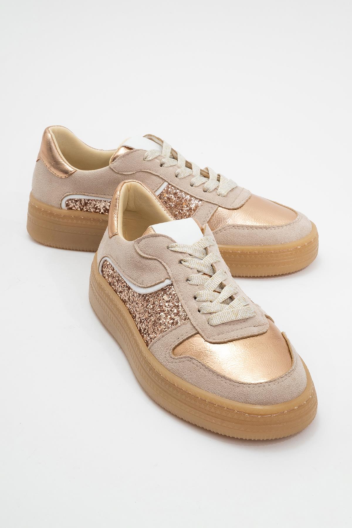 Felipe - Beige Glitter Leather Sneakers – front three-quarter view showing leather, glitter, Vowalisse