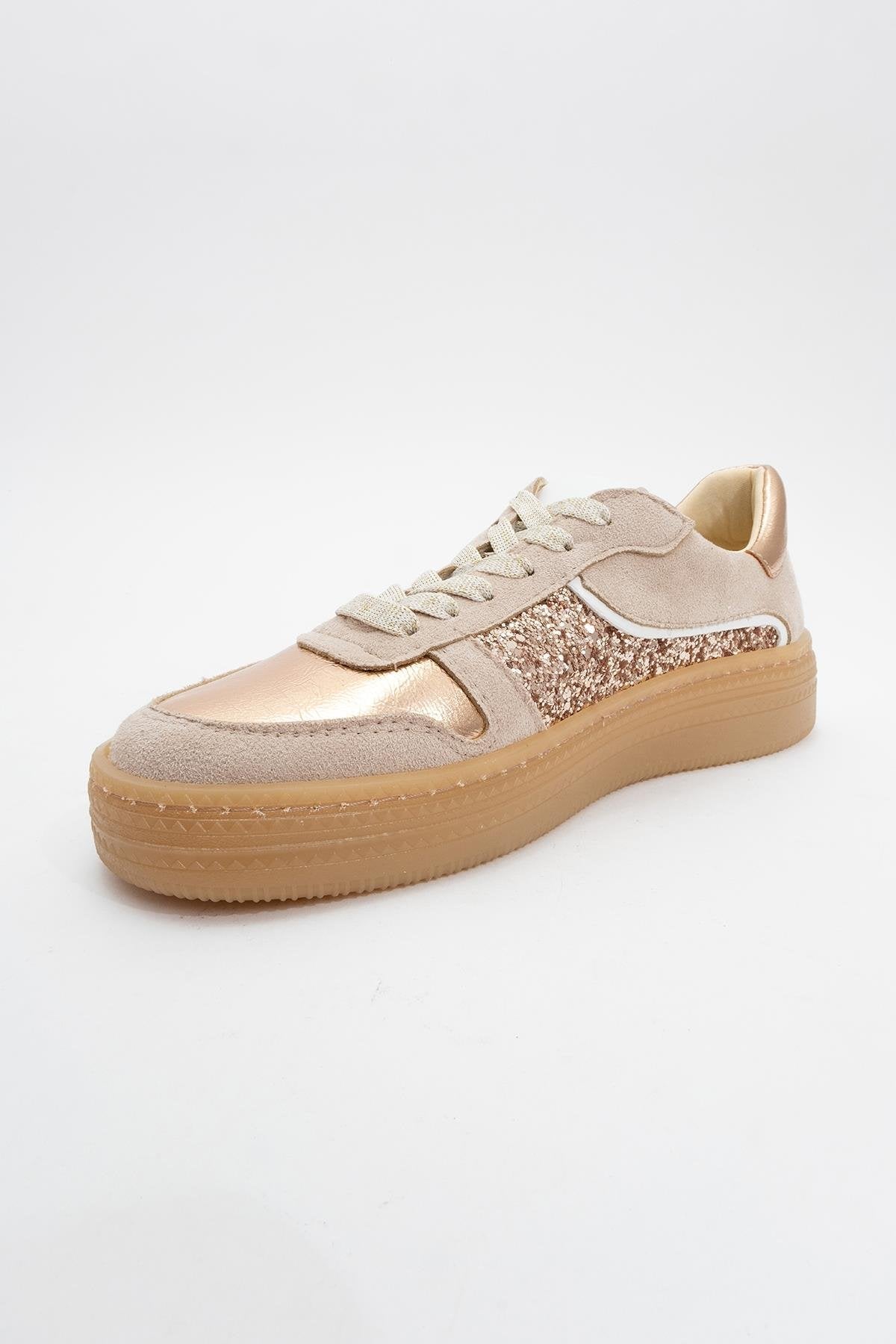Felipe - Beige Glitter Leather Sneakers – detail view showing leather, glitter, Vowalisse