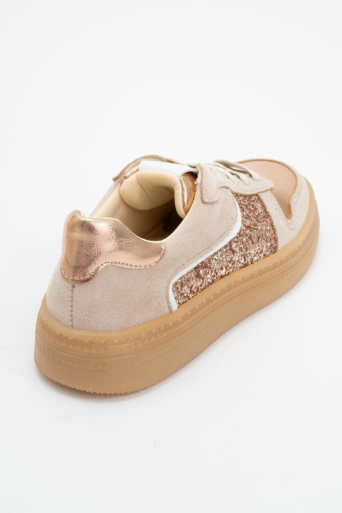 Felipe - Beige Glitter Leather Sneakers – heel view showing leather, glitter, Vowalisse