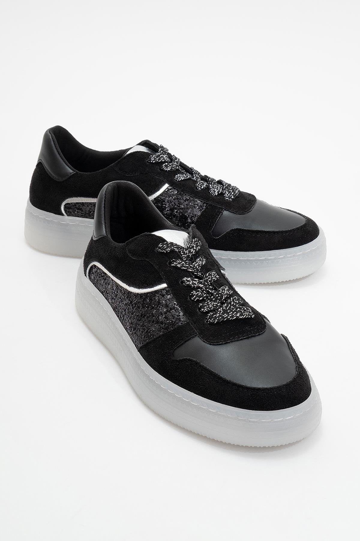 Felipe - Black Glitter Leather Sneakers – front three-quarter view showing leather, glitter, black, Vowalisse