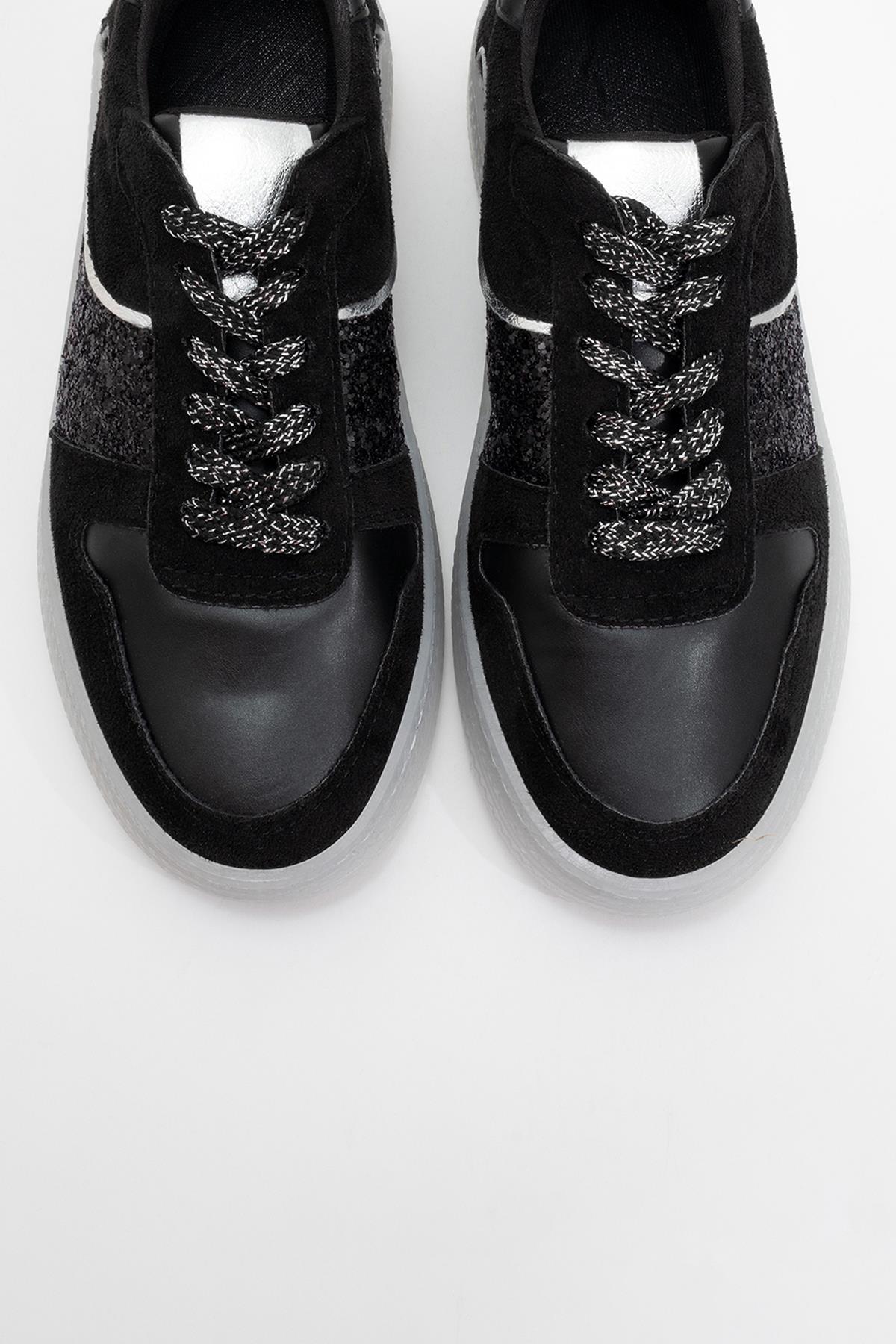 Felipe - Black Glitter Leather Sneakers – side view showing leather, glitter, black, Vowalisse