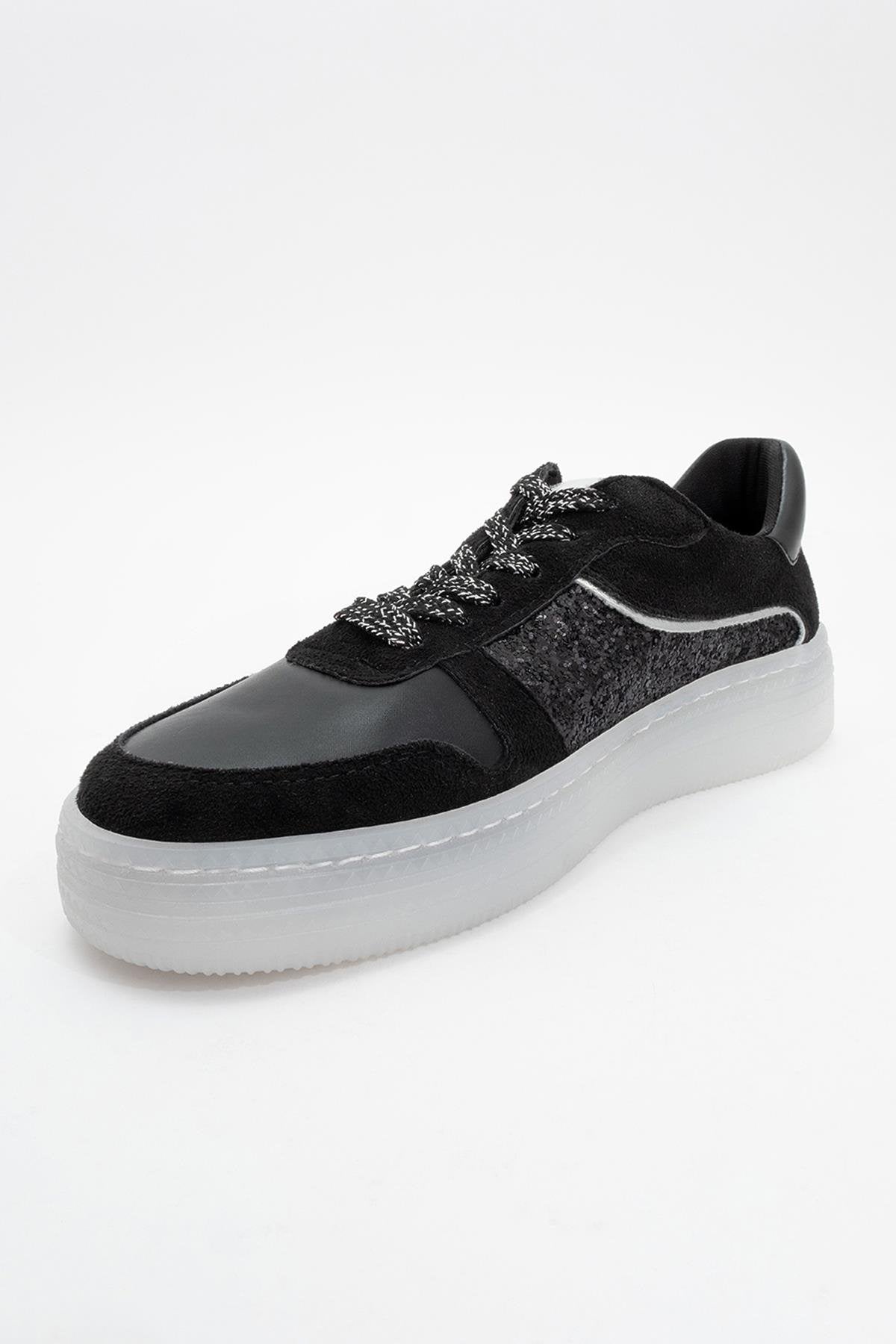 Felipe - Black Glitter Leather Sneakers – detail view showing leather, glitter, black, Vowalisse