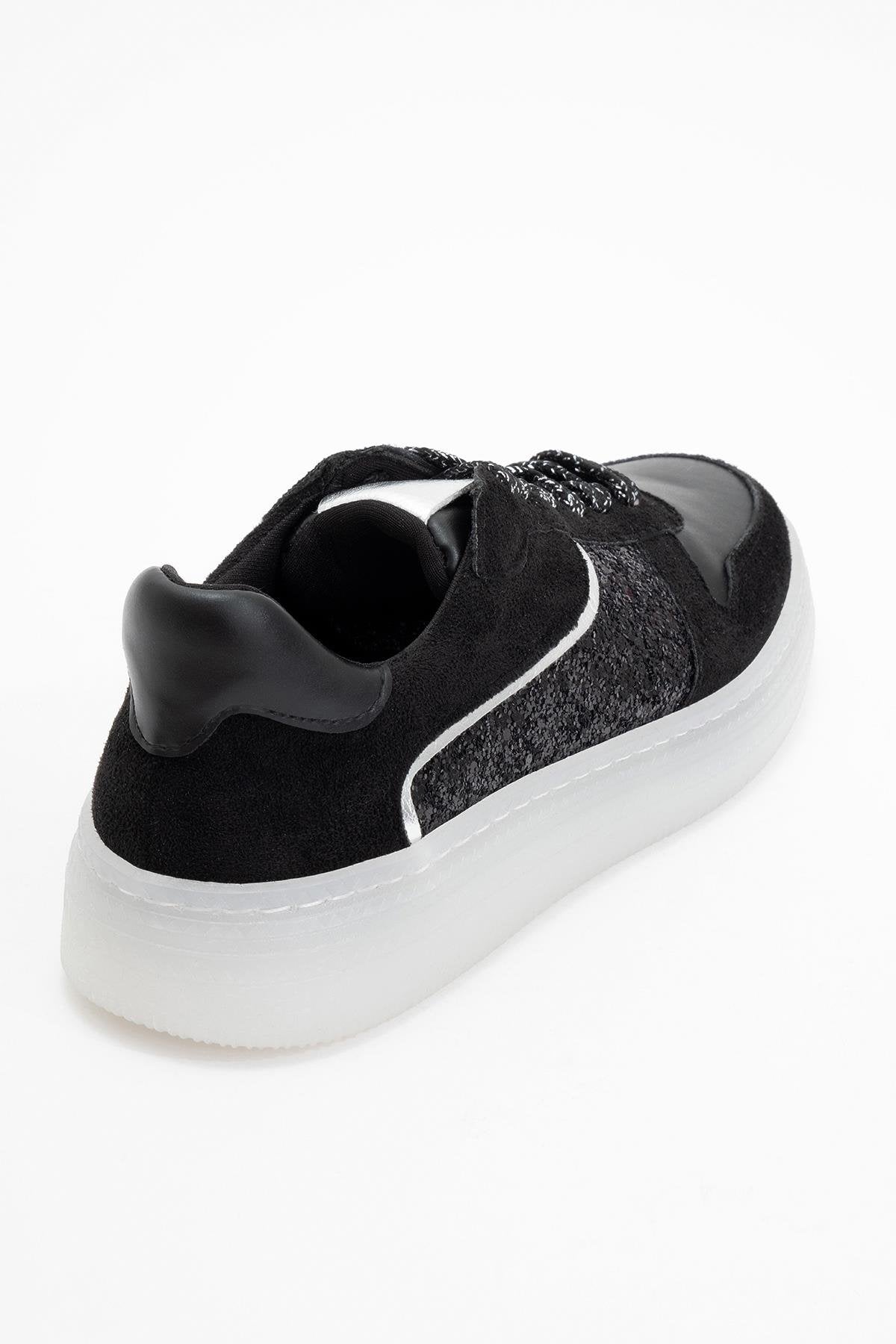 Felipe - Black Glitter Leather Sneakers – heel view showing leather, glitter, black, Vowalisse