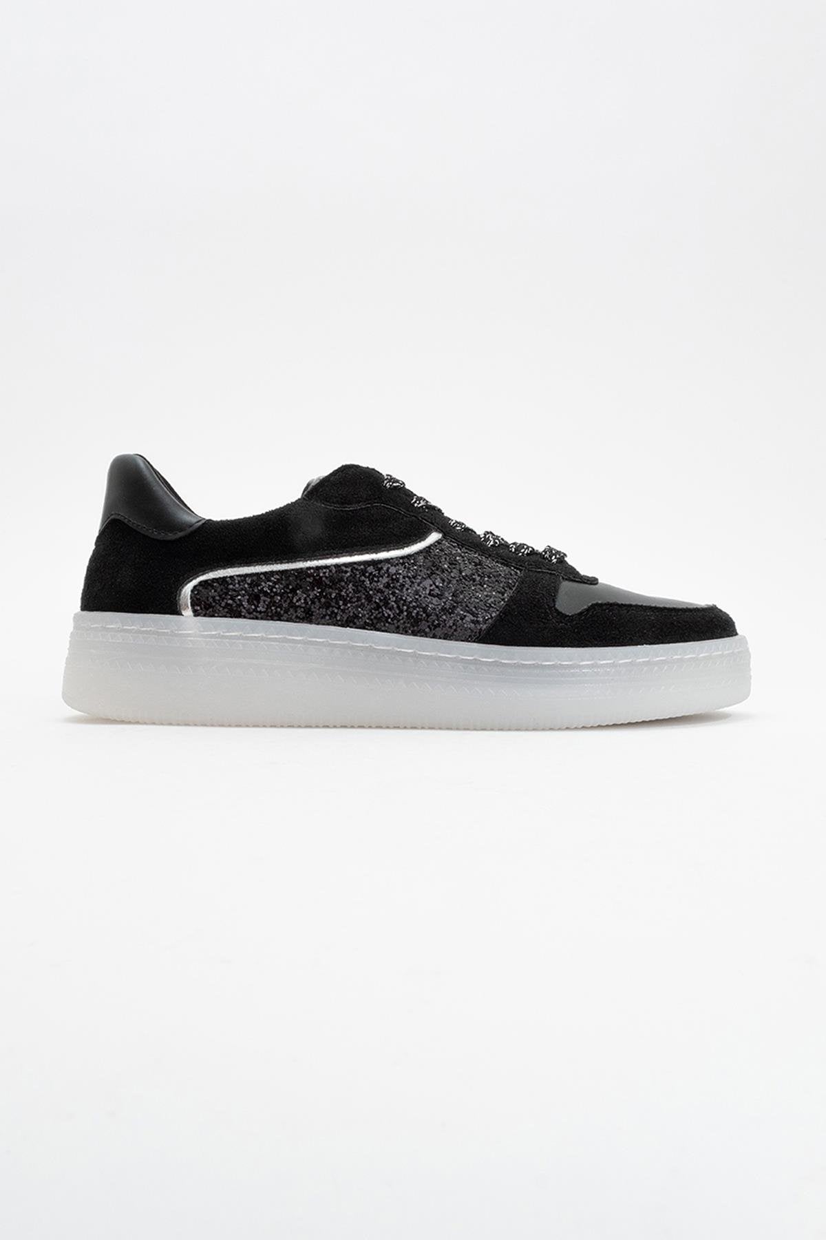 Felipe - Black Glitter Leather Sneakers – back view showing leather, glitter, black, Vowalisse