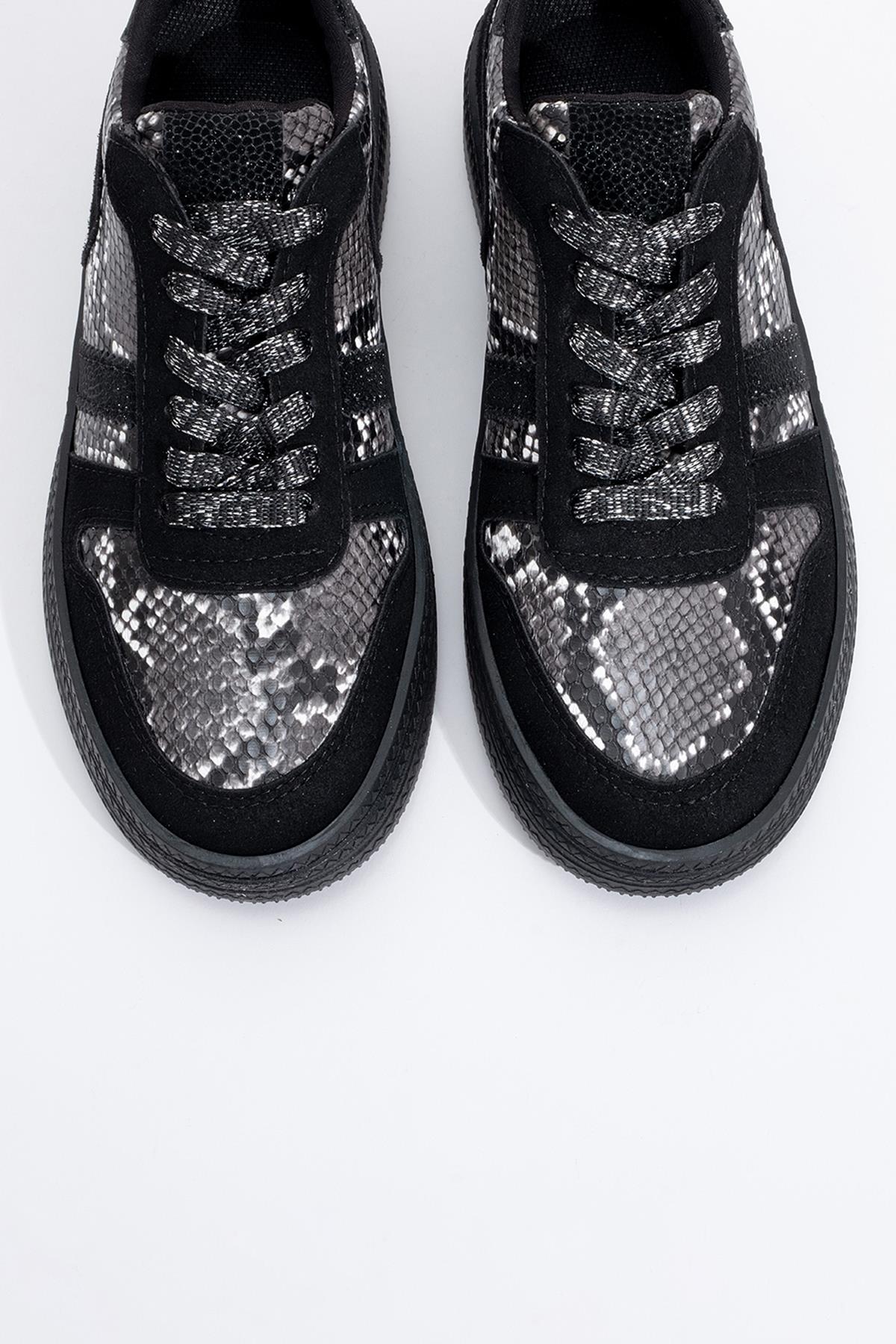 Rexie - Black Patterned Glitter Sneaker – side view showing leather, glitter, black, Vowalisse