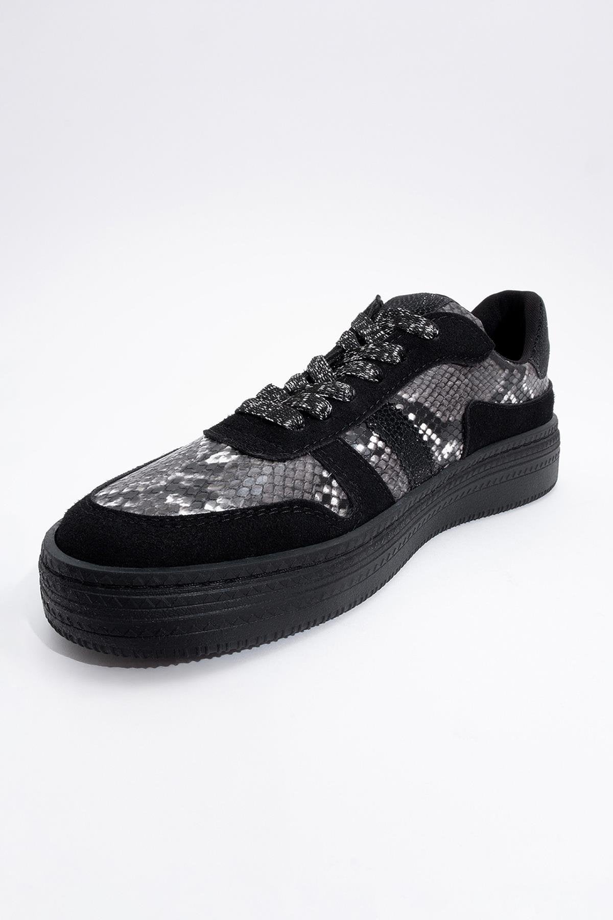 Rexie - Black Patterned Glitter Sneaker – detail view showing leather, glitter, black, Vowalisse
