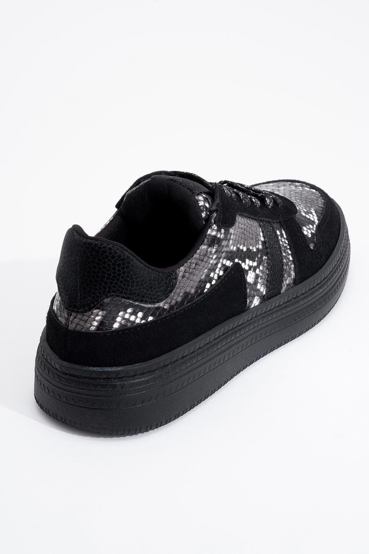 Rexie - Black Patterned Glitter Sneaker – heel view showing leather, glitter, black, Vowalisse