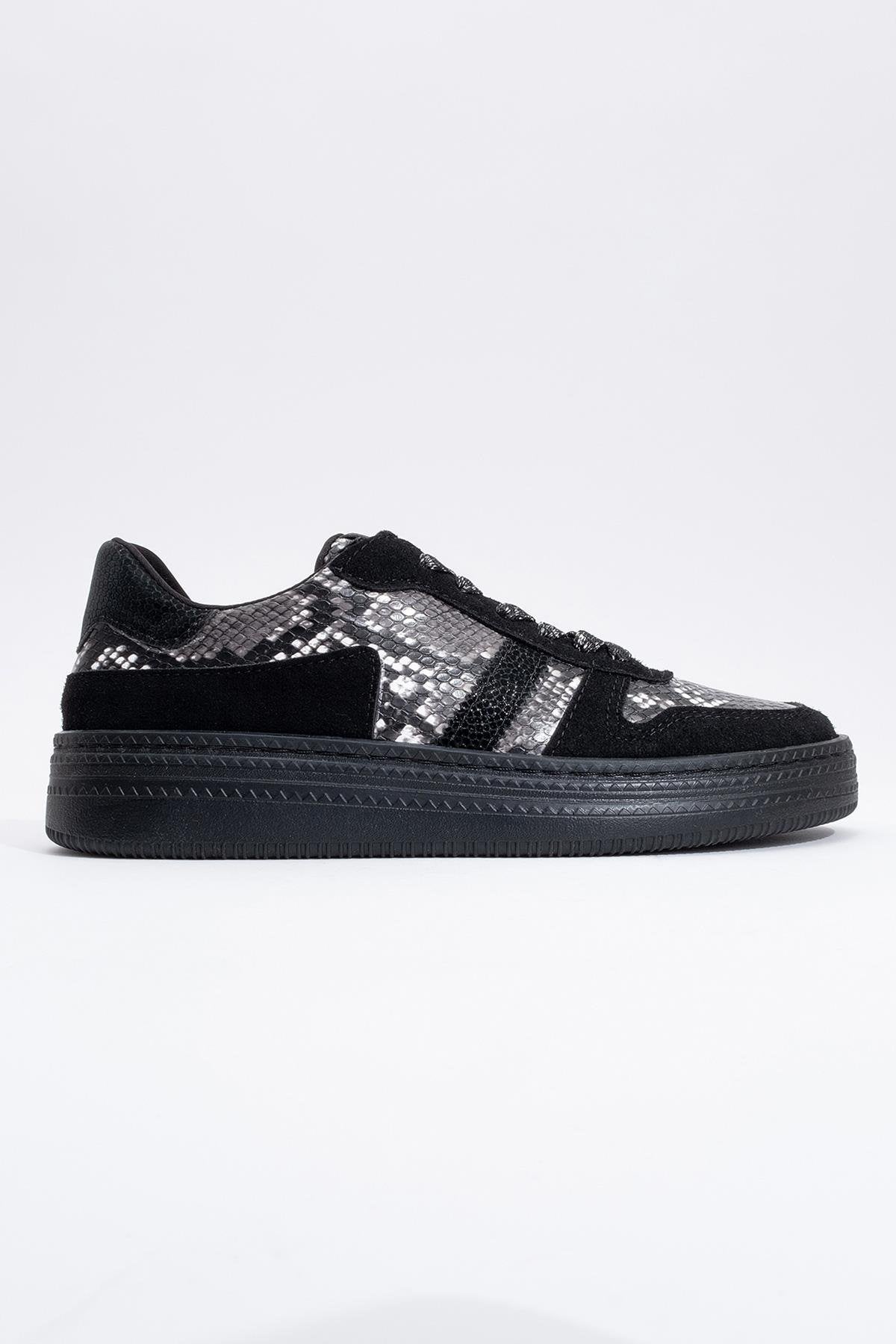 Rexie - Black Patterned Glitter Sneaker – back view showing leather, glitter, black, Vowalisse