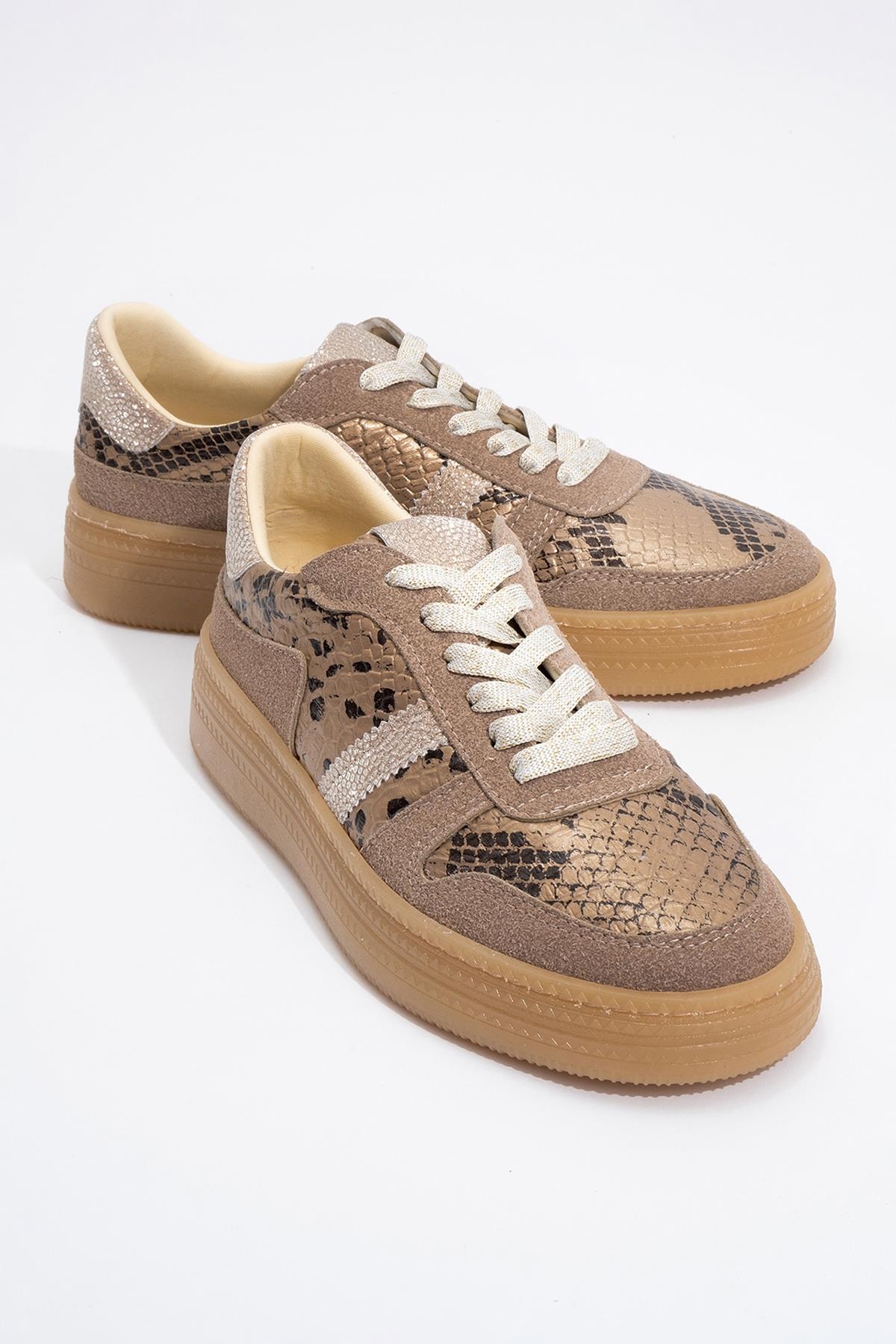 Rexie - Gold Patterned Glitter Sneaker – front three-quarter view showing leather, glitter, gold, Vowalisse
