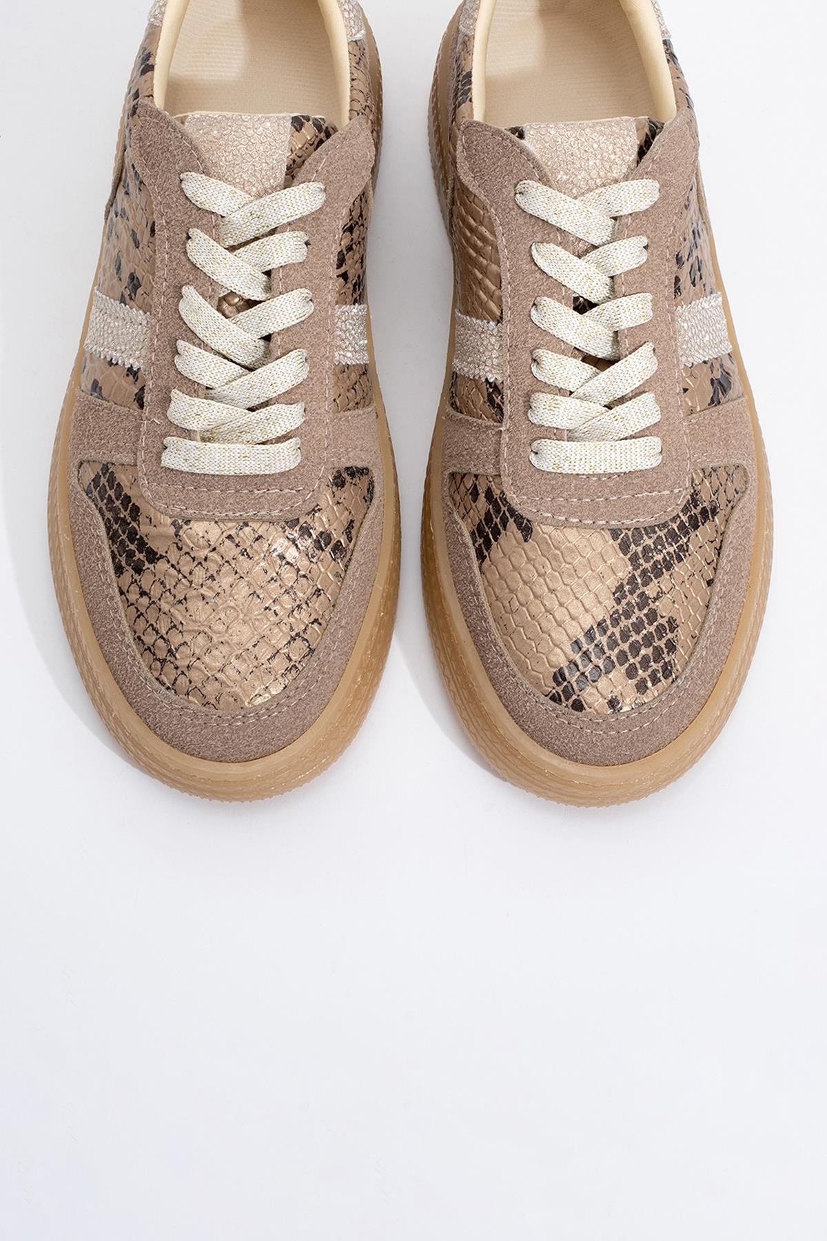 Rexie - Gold Patterned Glitter Sneaker – side view showing leather, glitter, gold, Vowalisse