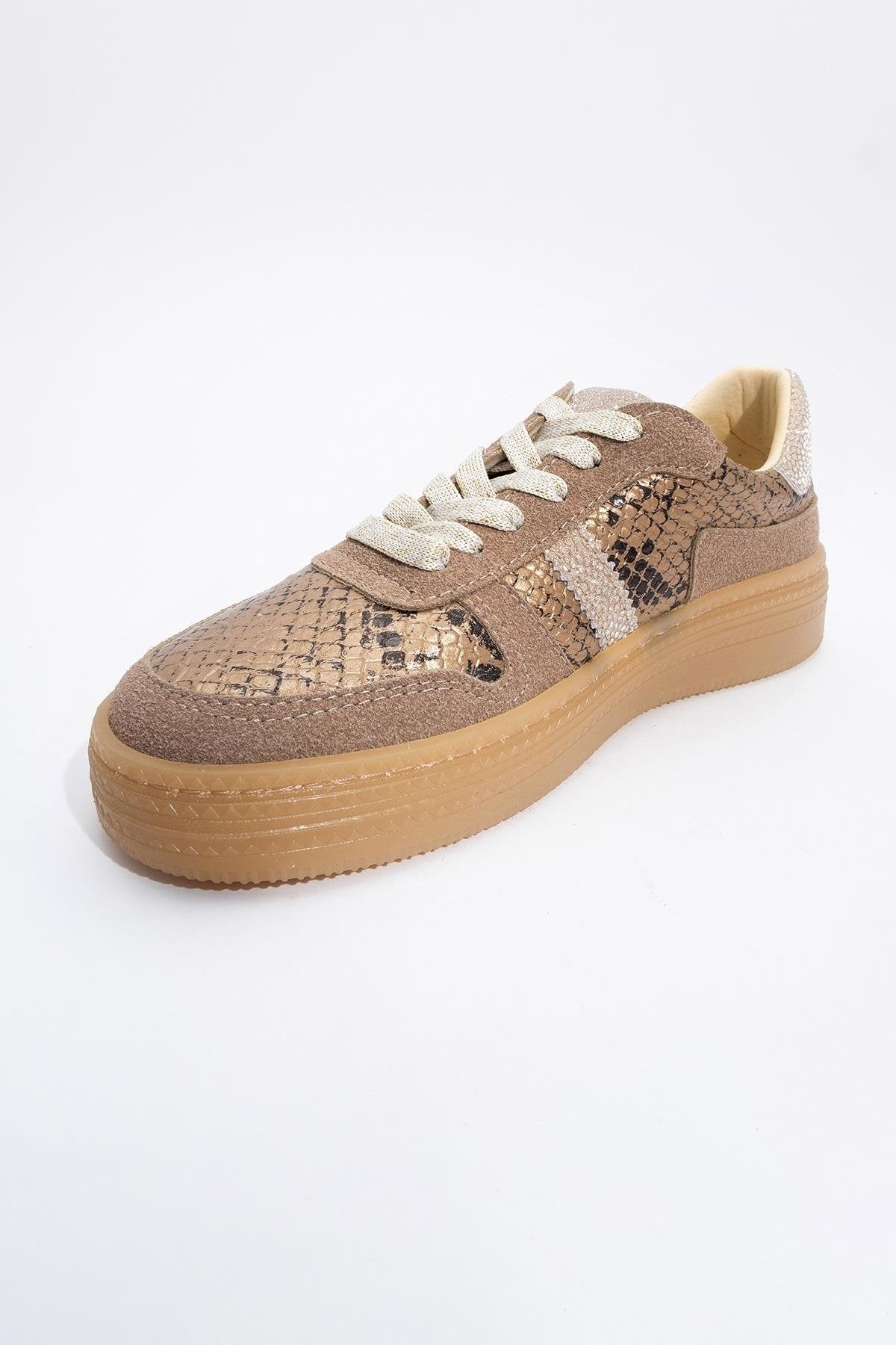 Rexie - Gold Patterned Glitter Sneaker – detail view showing leather, glitter, gold, Vowalisse