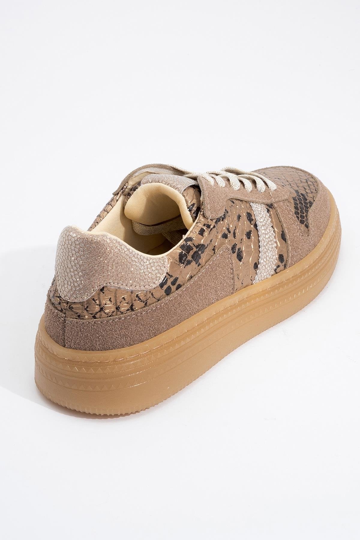 Rexie - Gold Patterned Glitter Sneaker – heel view showing leather, glitter, gold, Vowalisse