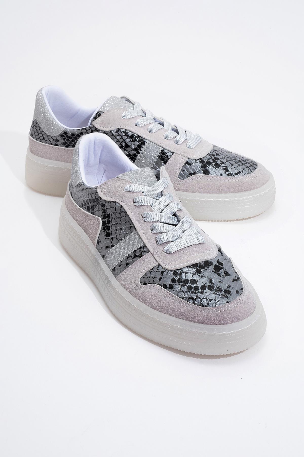Rexie - Silver Patterned Glitter Sneaker – front three-quarter view showing leather, glitter, silver, Vowalisse