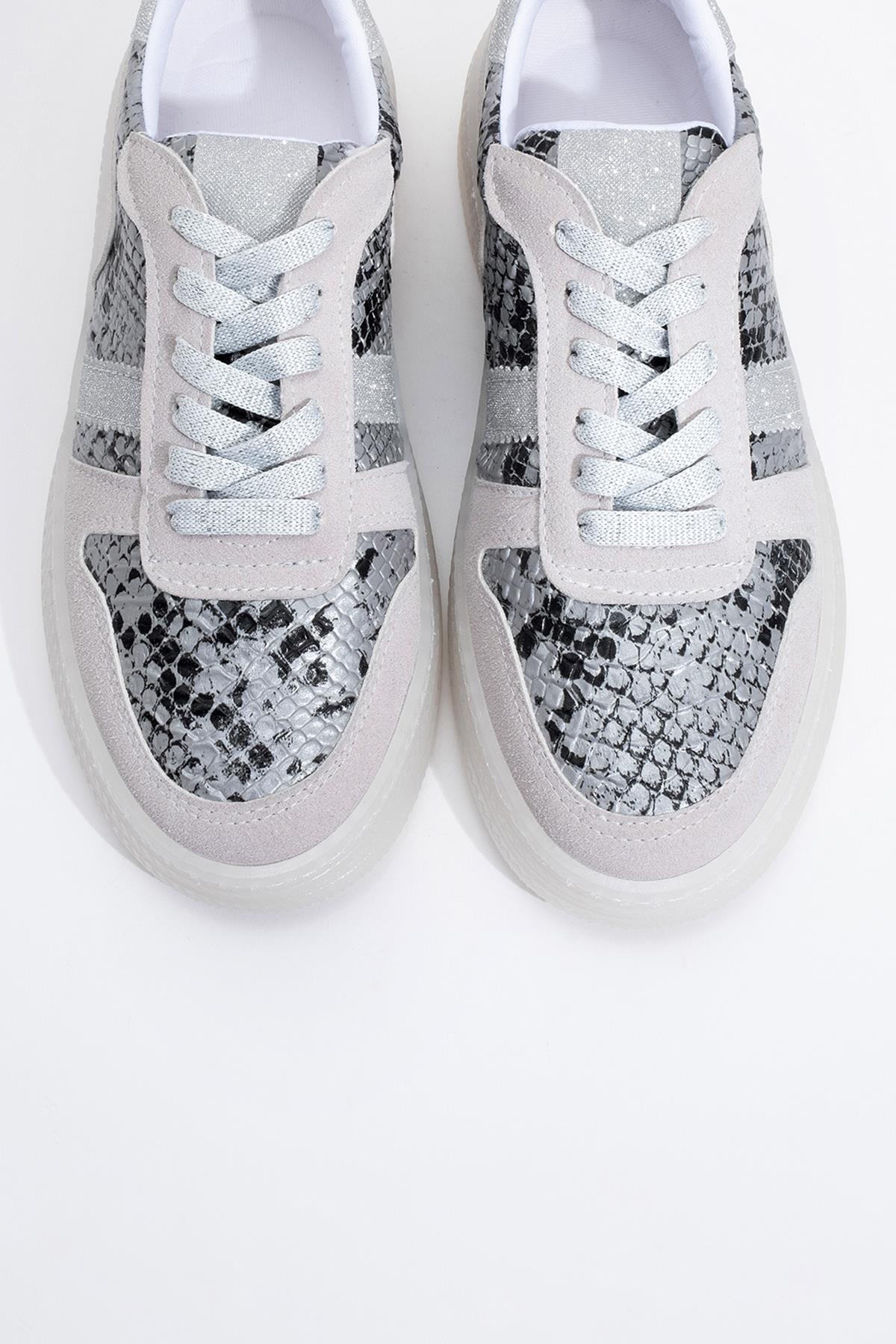 Rexie - Silver Patterned Glitter Sneaker – side view showing leather, glitter, silver, Vowalisse