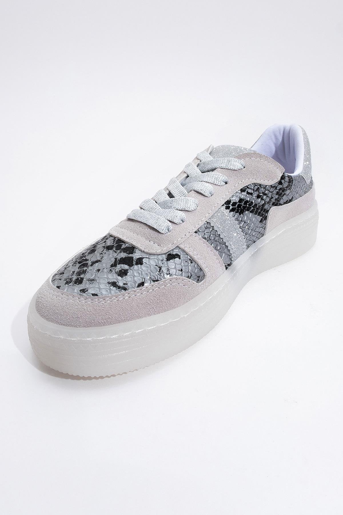 Rexie - Silver Patterned Glitter Sneaker – detail view showing leather, glitter, silver, Vowalisse