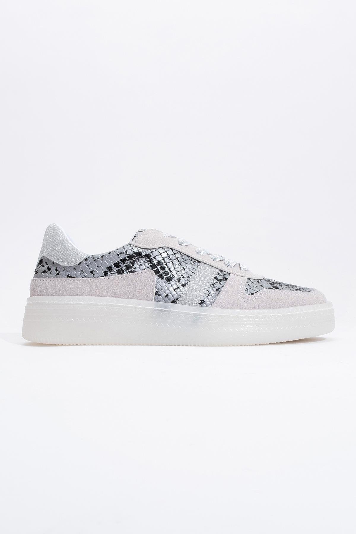 Rexie - Silver Patterned Glitter Sneaker – back view showing leather, glitter, silver, Vowalisse