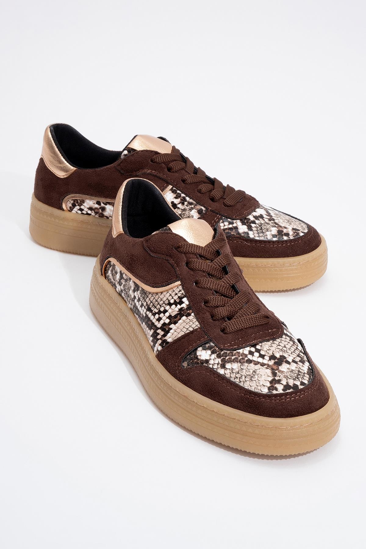 Montero - Brown Patterned Sneaker – front three-quarter view showing leather, Vowalisse